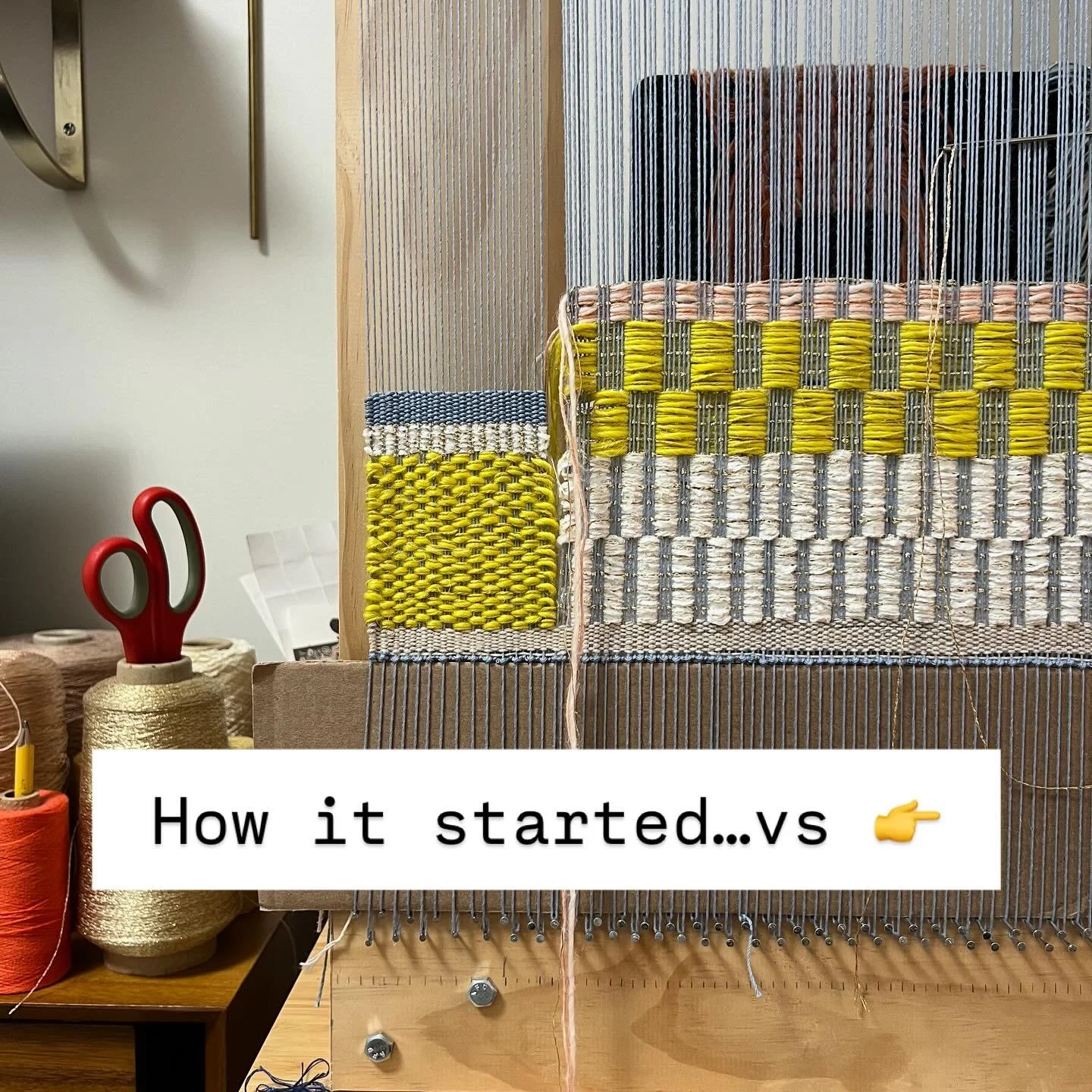 How it started vs how it went! This tapestry took a turn I wasn&rsquo;t expecting (and also got left on the loom for a year&hellip;hello being a mom 🤪). Instead of fully abandoning it, I decided to scrap it for parts and the parts are pretty 🤩 

Ch
