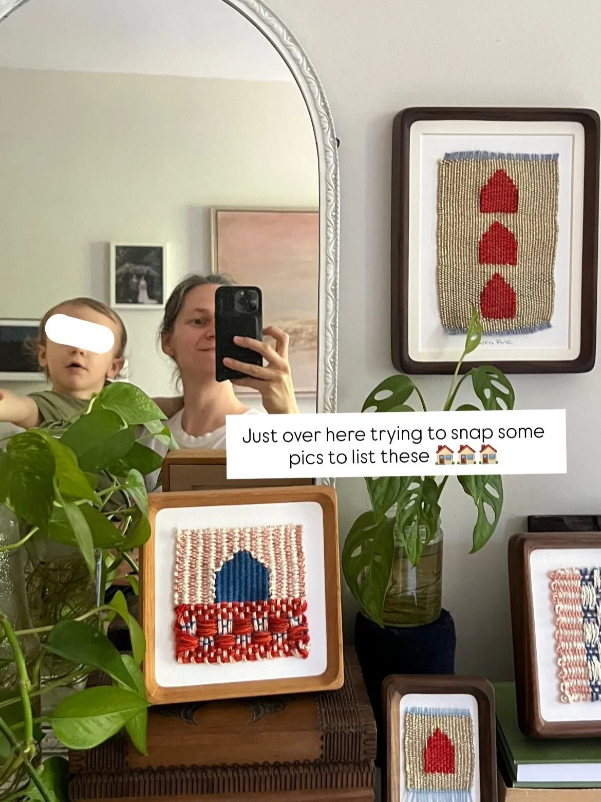 Little houses, everywhere! Building up a little collection of woven houses over here. I&rsquo;d like to weave a few more with gold ✨ I&rsquo;m obsessed with the gold/red/blue ones 😍 

My goal is to have these in my *S H O P* mid June, before my big 