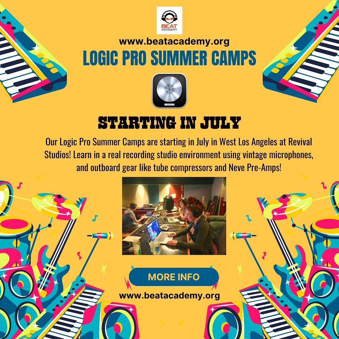 Logic Pro Summer Music Production Camps are now open for registration!! Sign up now! Limited space! Link in bio!#logic #logicprox #summervibes #summercamp #summermusiccamp #beatacademy #revivalstudio #musicproducer #musicproduction #musicschool