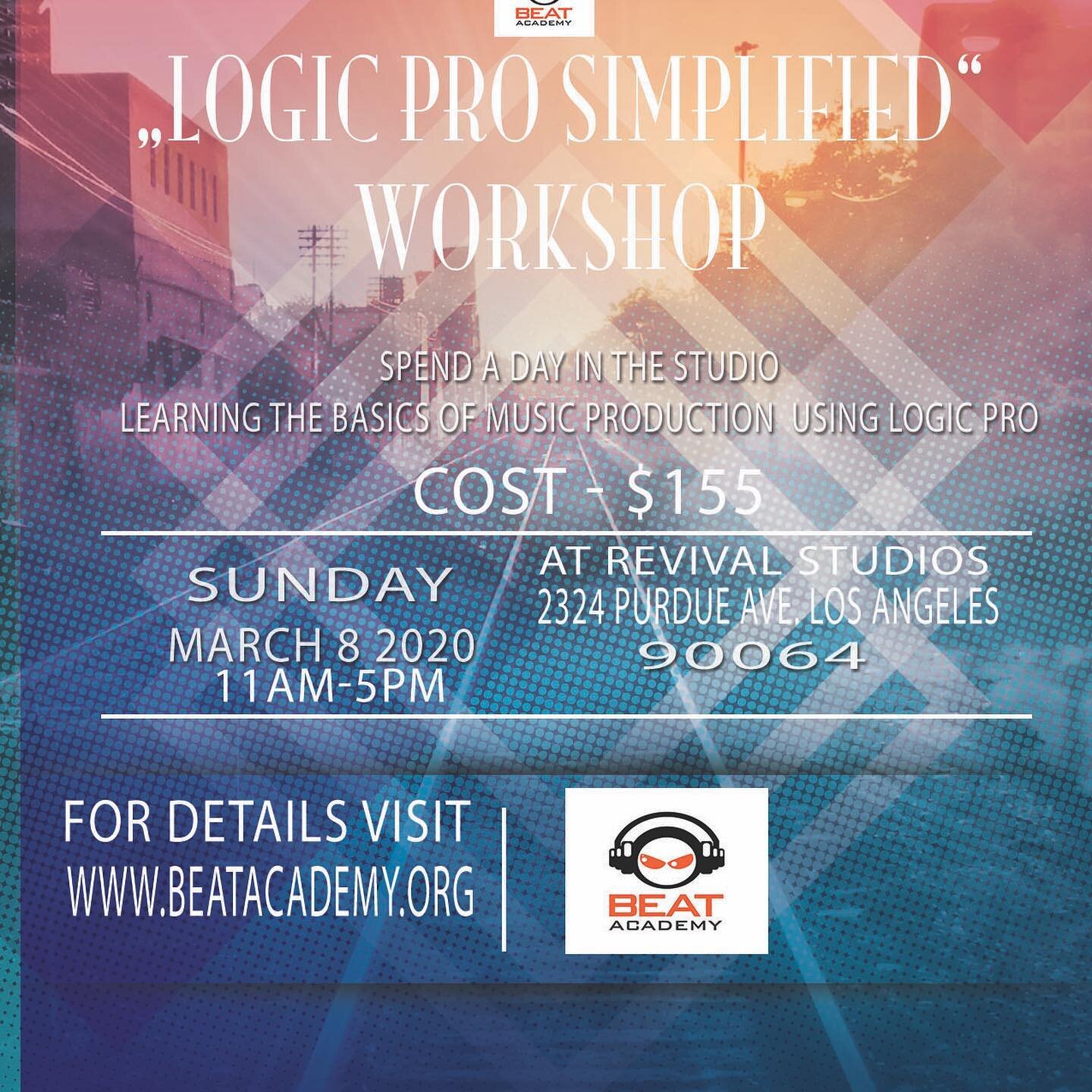 A new workshop coming up- Sunday March 8 ! &ldquo;Logic Simplified&rdquo; .... learn some simple music production basics and techniques using Logic Pro X. Visit www.beatacademy.org for more details and how to register!