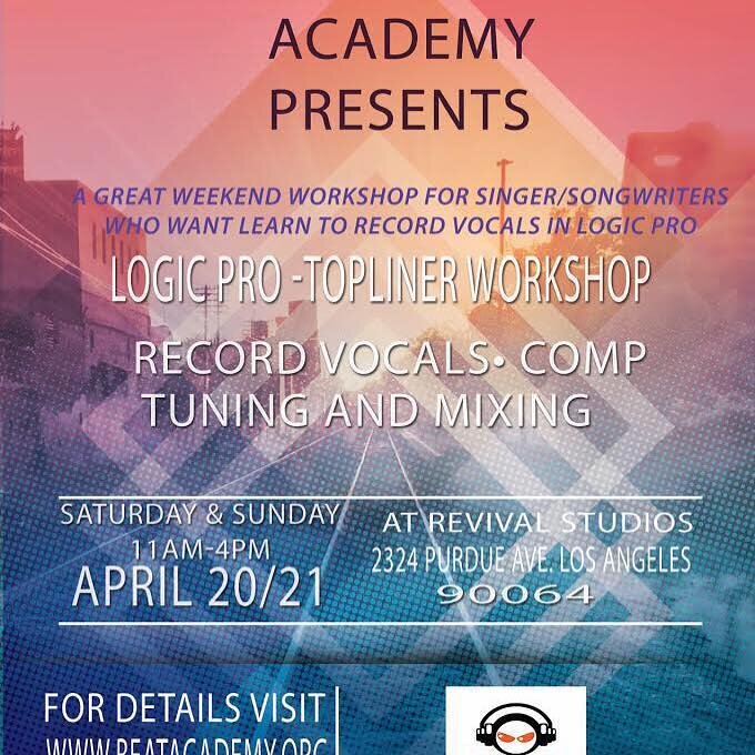 Attention singer/songwriters!!! My Logic Pro Topliner Weekend Workshop is happening April 20/21 (Saturday &amp; Sunday) at @revival.la !!!
Learn how to get great quality vocals recorded on your Logic rig at home! Send your vocals to Dj&rsquo;s &amp; 