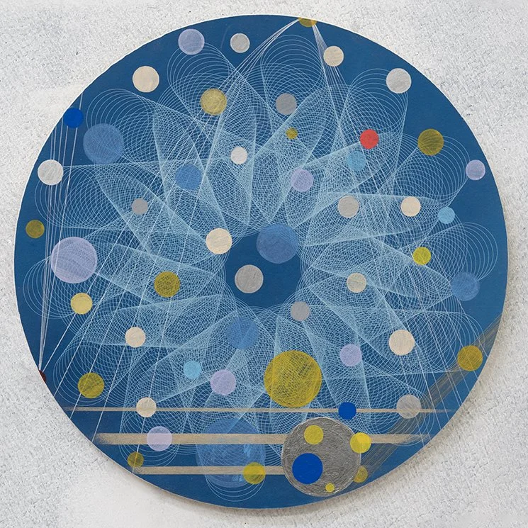 COSMIC LOOP - J0302025, 22 x 22 inches, Cyanotype on watercolor paper, acrylic paint, pen & ink, mounted on wood.