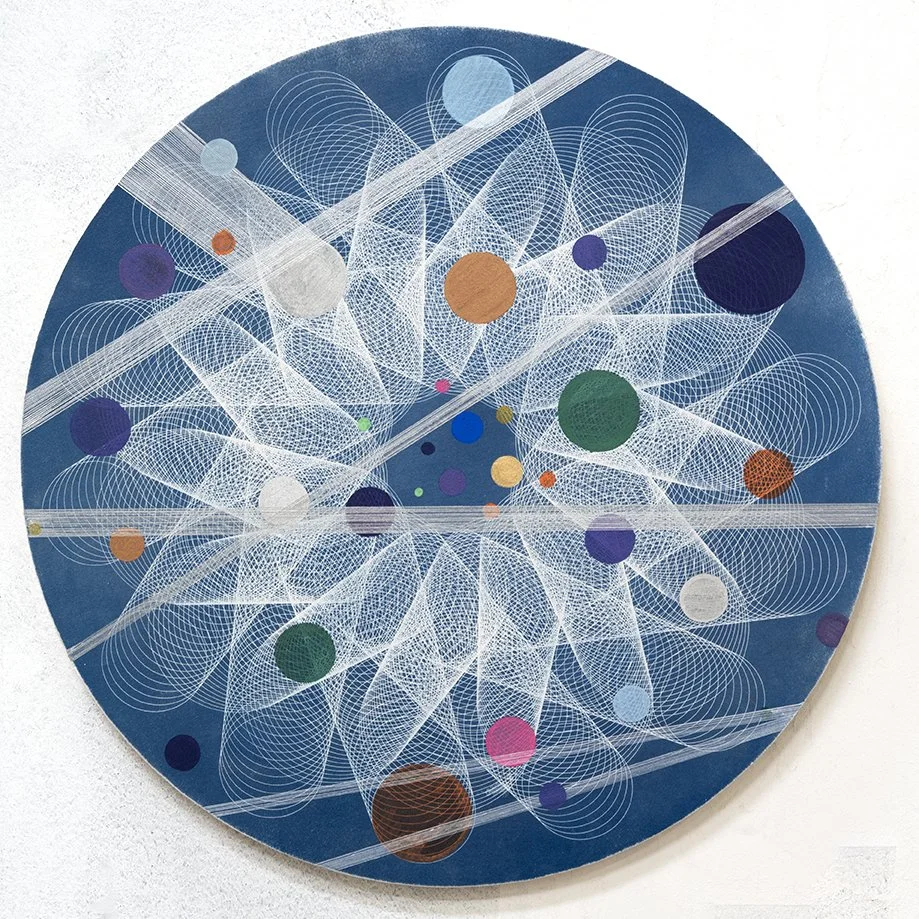 COSMIC LOOP - M0312025, 22 x 22 inches, Cyanotype on watercolor paper, acrylic paint, pen & ink, mounted on wood.
