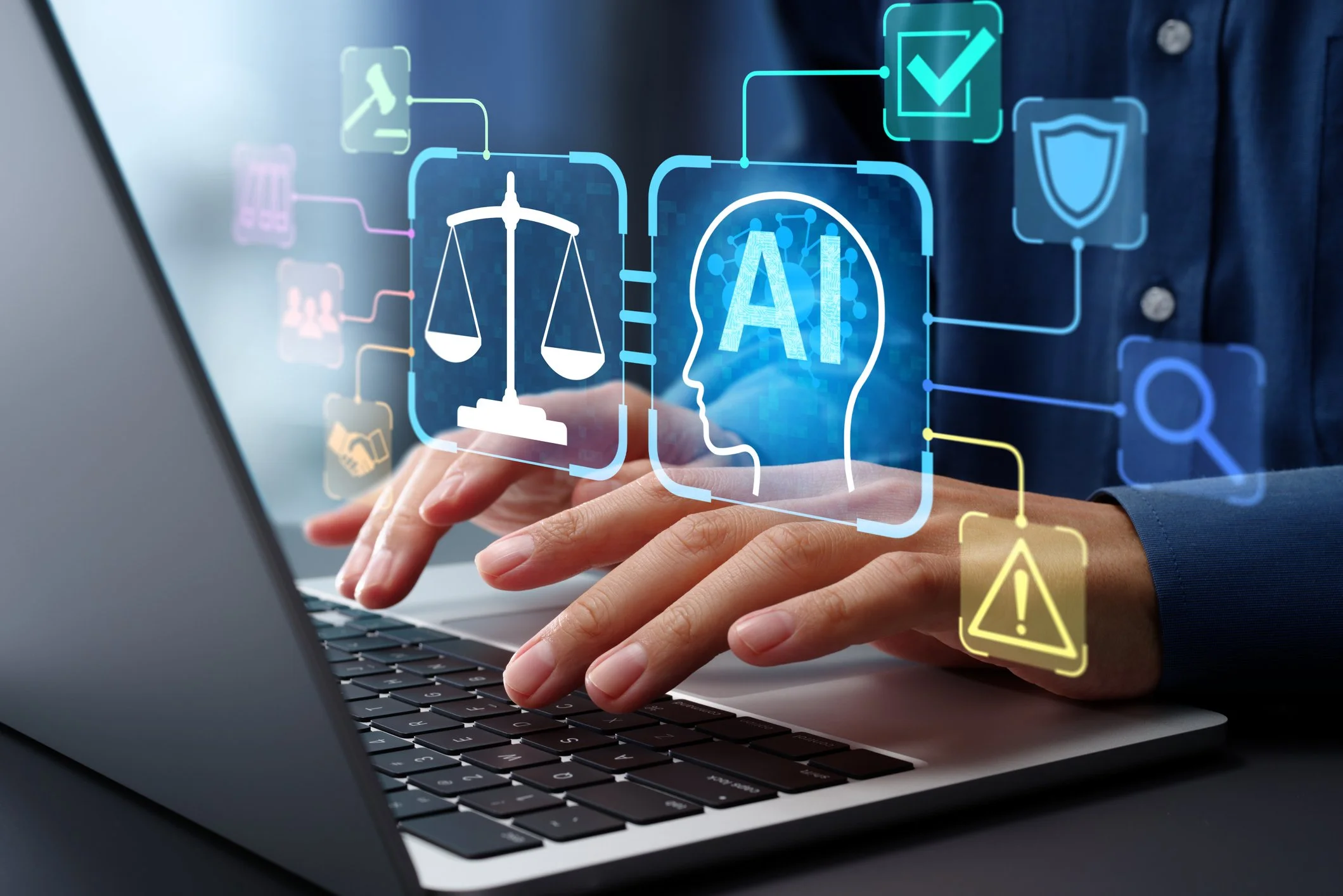 Hands typing on a computer with AI images floating above, indicating the use of AI.