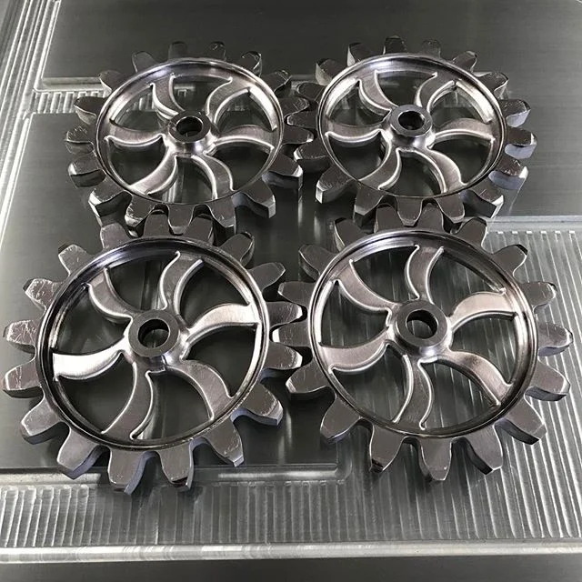 We decided to test these 1/2&quot; aluminum gears yesterday. The outer profile was cut on the @flowwaterjetofficial then moved over to the router for detail work. Designed in @solidworks #cnc #cncmachining #machinist #machining #solidworks #router #m