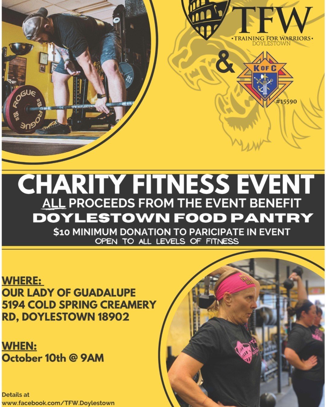 Want to have fun, get some exercise and support a great cause? Come join us as the OLG Knights of Columbus host Training for Warriors for a fitness event fundraiser. this Saturday, October 10! See the flyer for more details. #Doylestown #KofCOLG #Kof