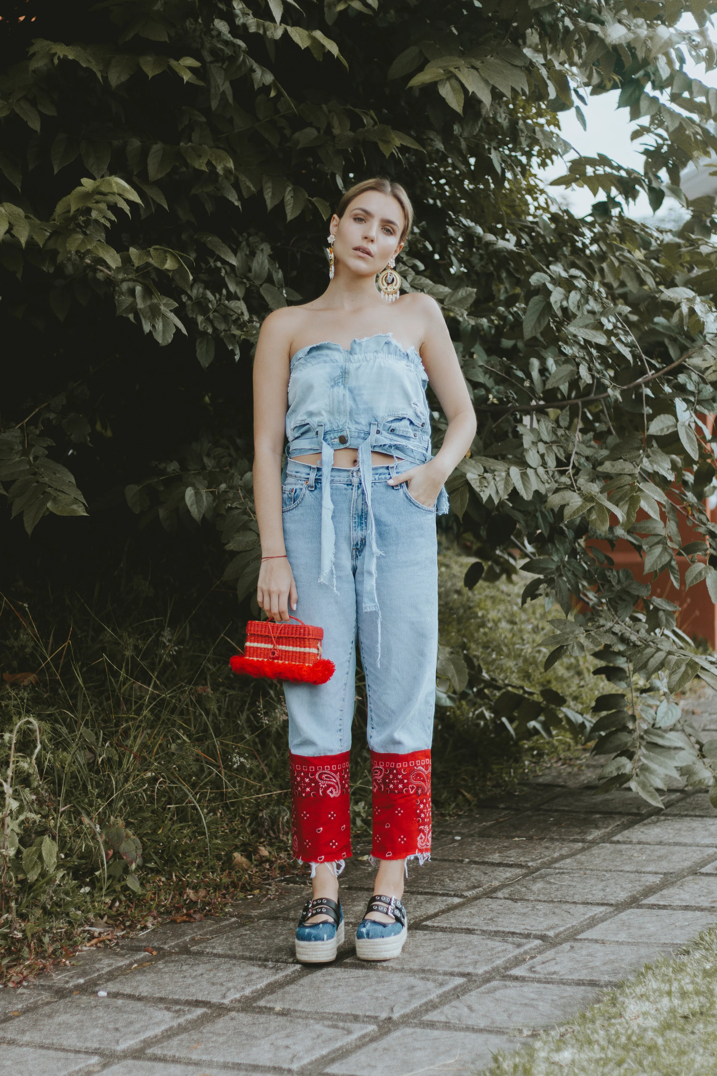Andrea Kader tube top Levi's reworked denim Mercedes Salazar earrings via Corazon de Piña