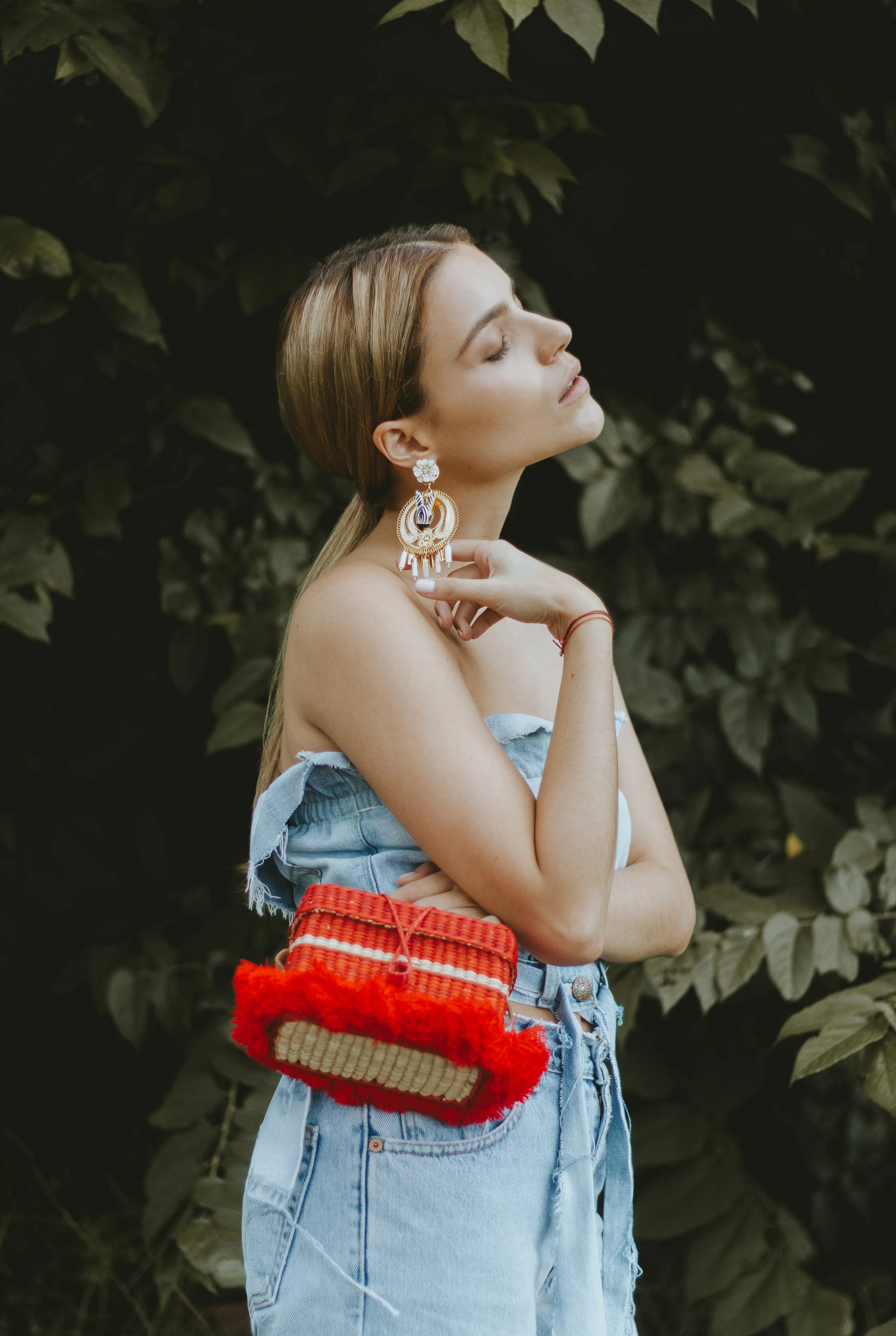 Andrea Kader tube top Levi's reworked denim Mercedes Salazar earrings via Corazon de Piña