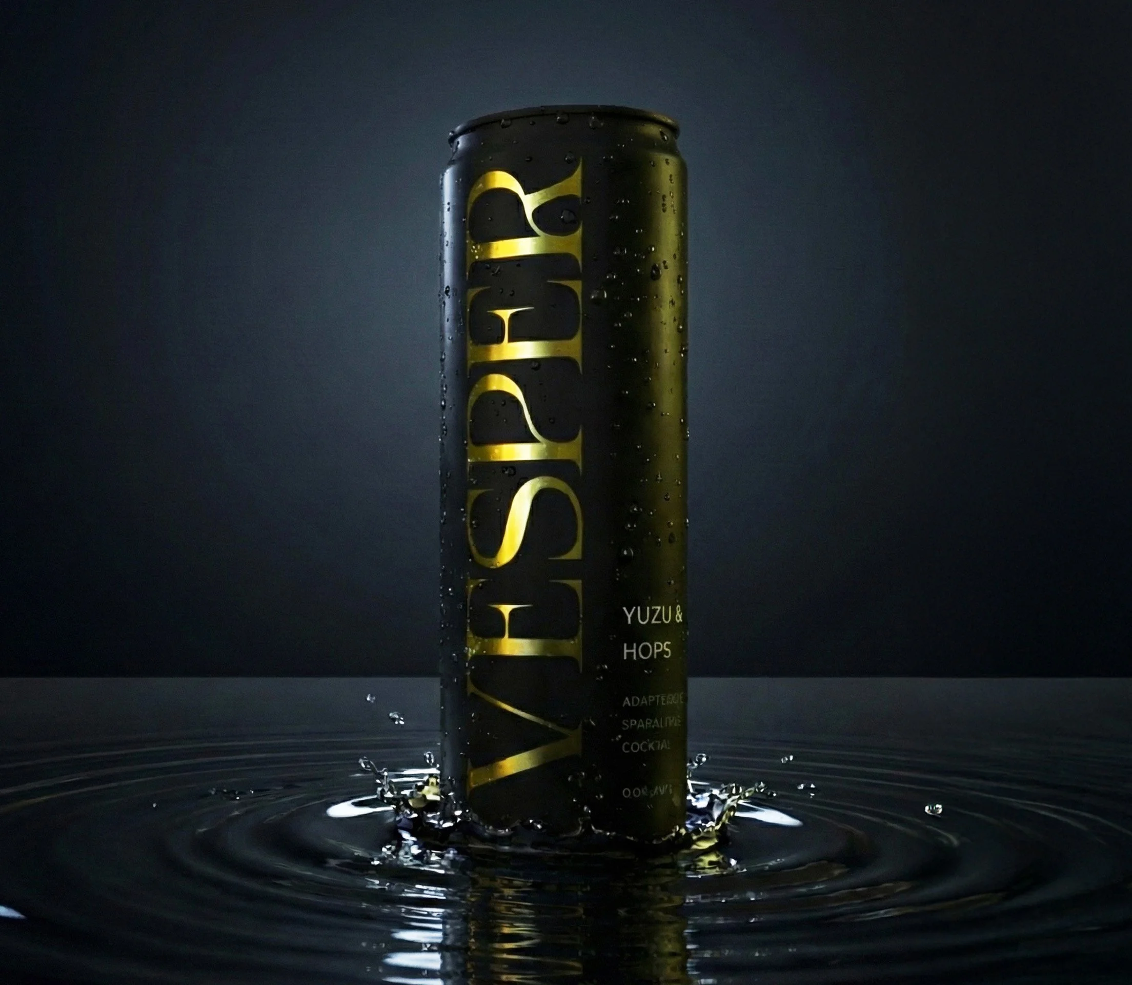 A dark can covered in condensation standing in a shallow pool of water