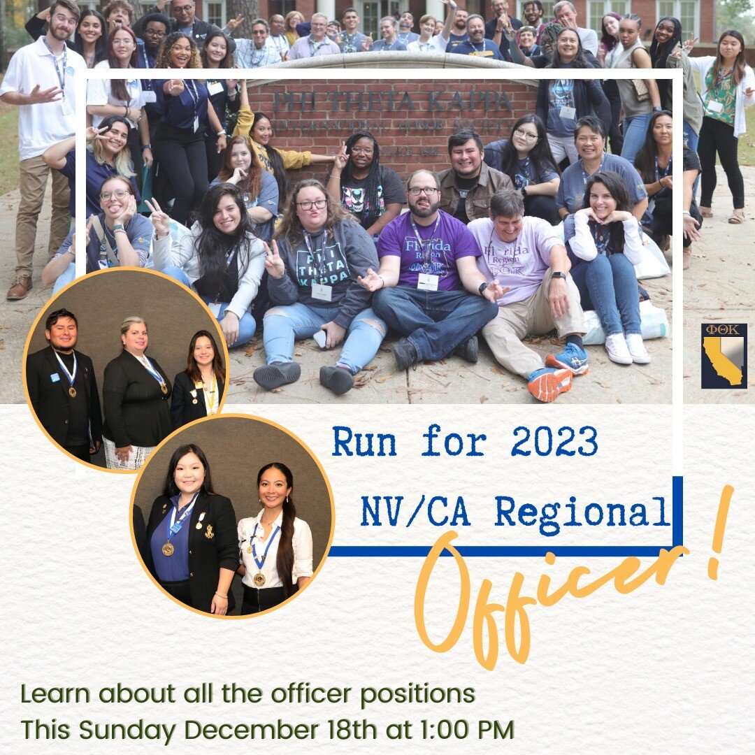 Run for NV/CA officer in 2023! Learn more about all of the positions this Sunday! Zoom link is in LinkTree. 

#ptk #phithetakappa #phithetakappahonorsociety #honorsociety