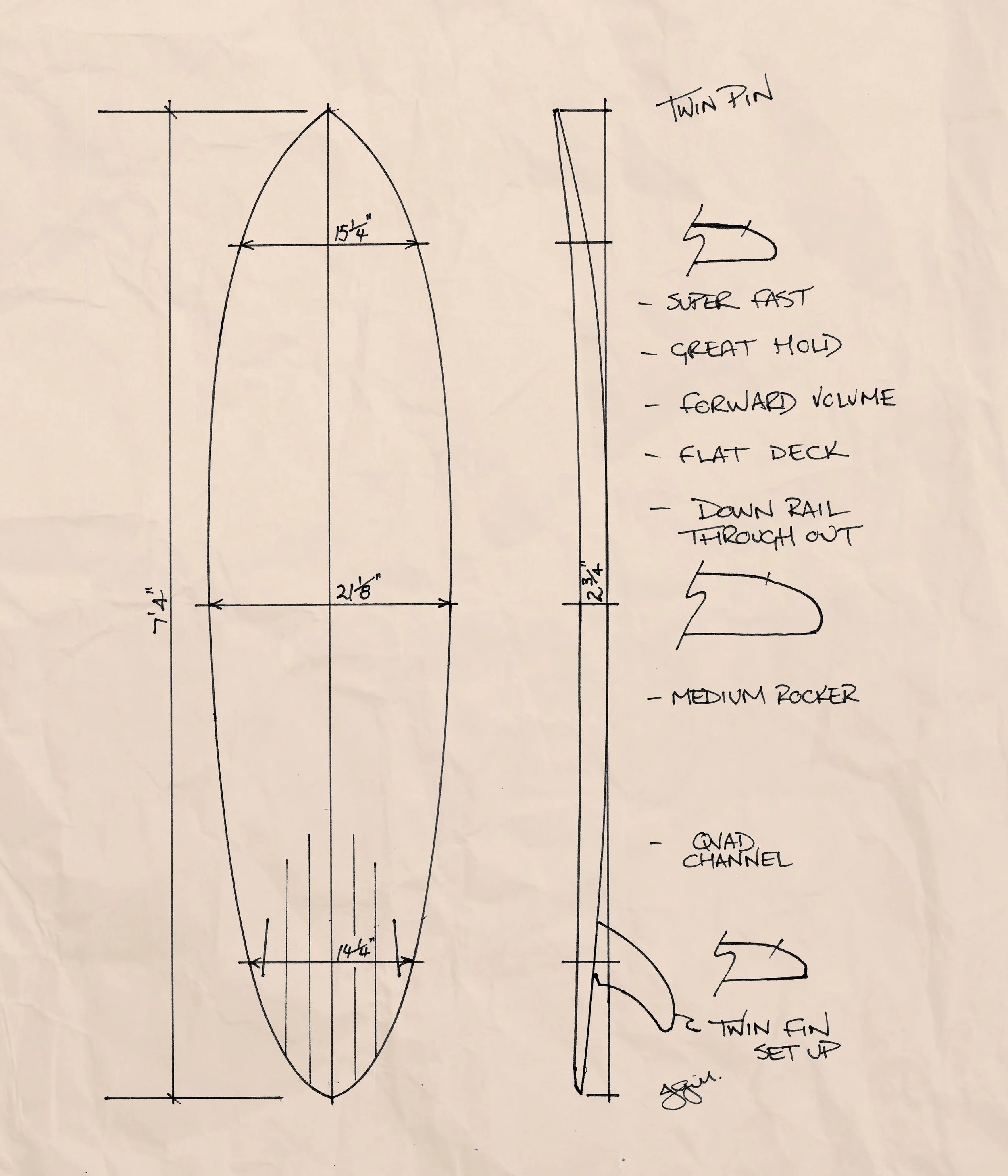 Twin pin surfboard Clearance