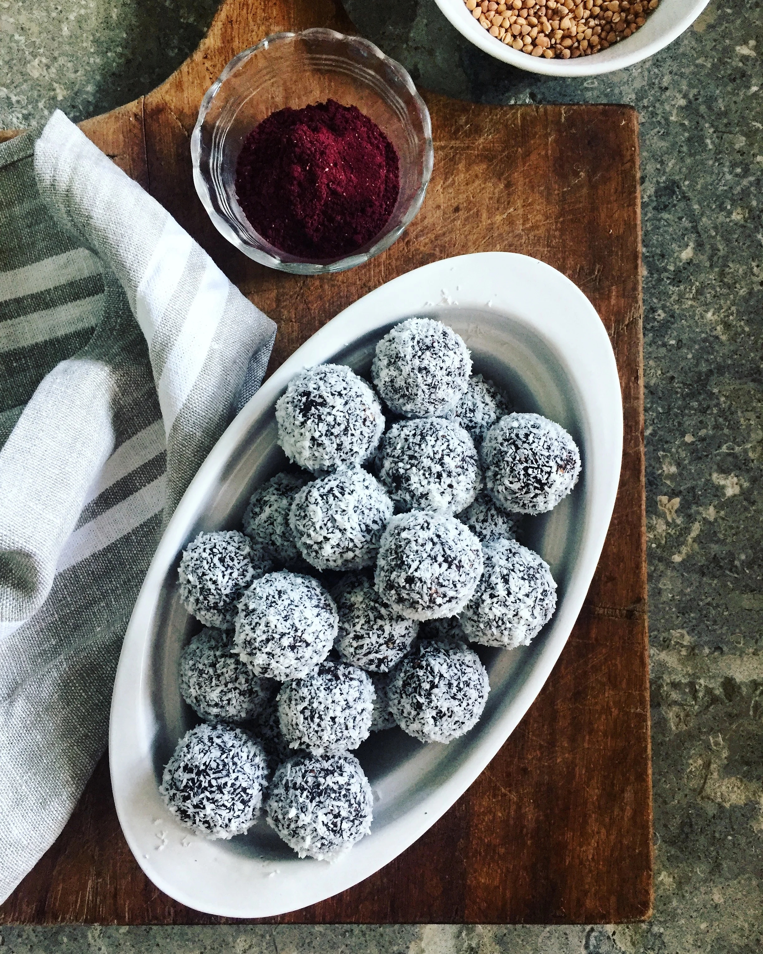 Buckwheat chocolate bliss balls with blueberry and coconut