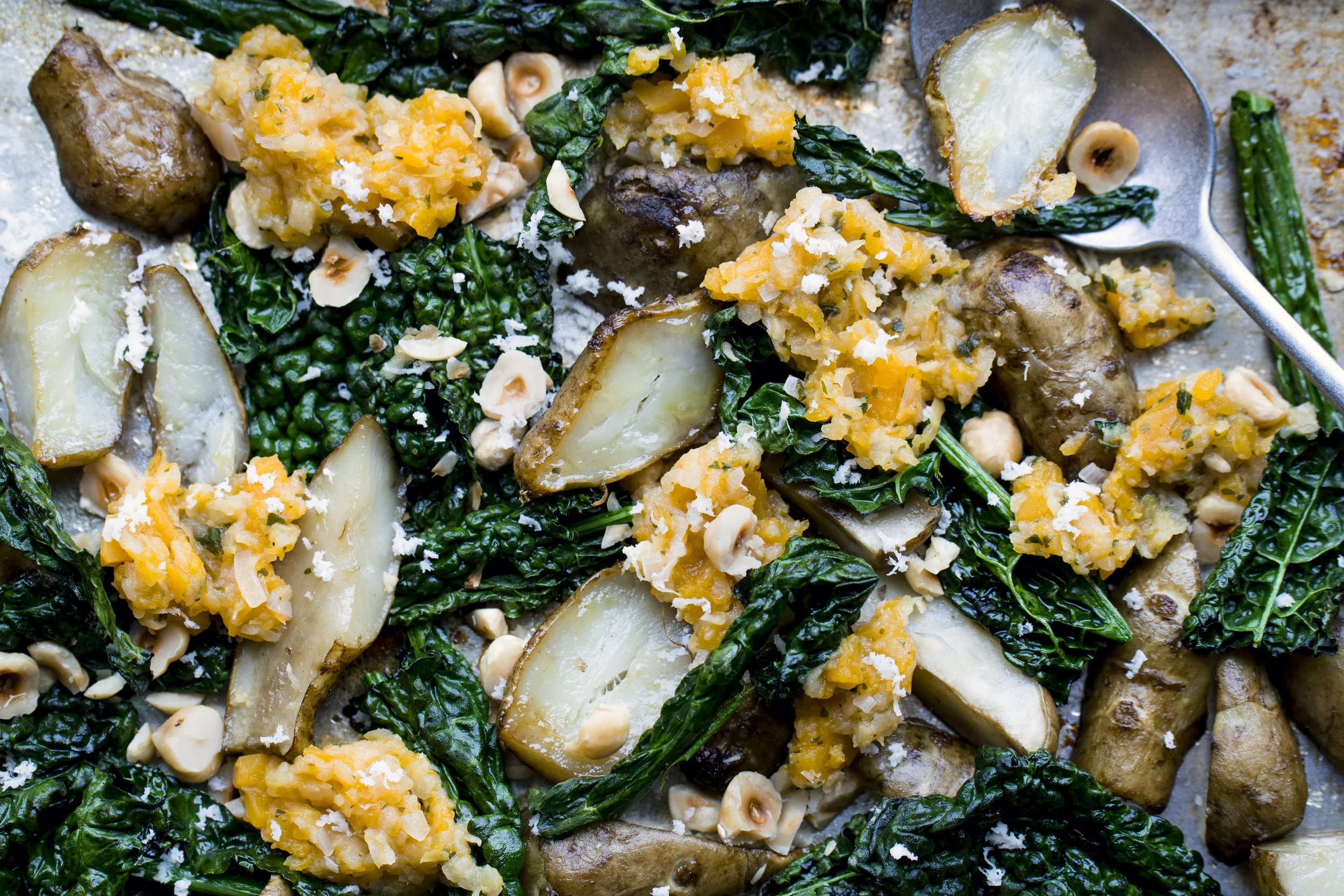 Roasted Jerusalem artichoke and black kale with Pumpkin and apple salsa