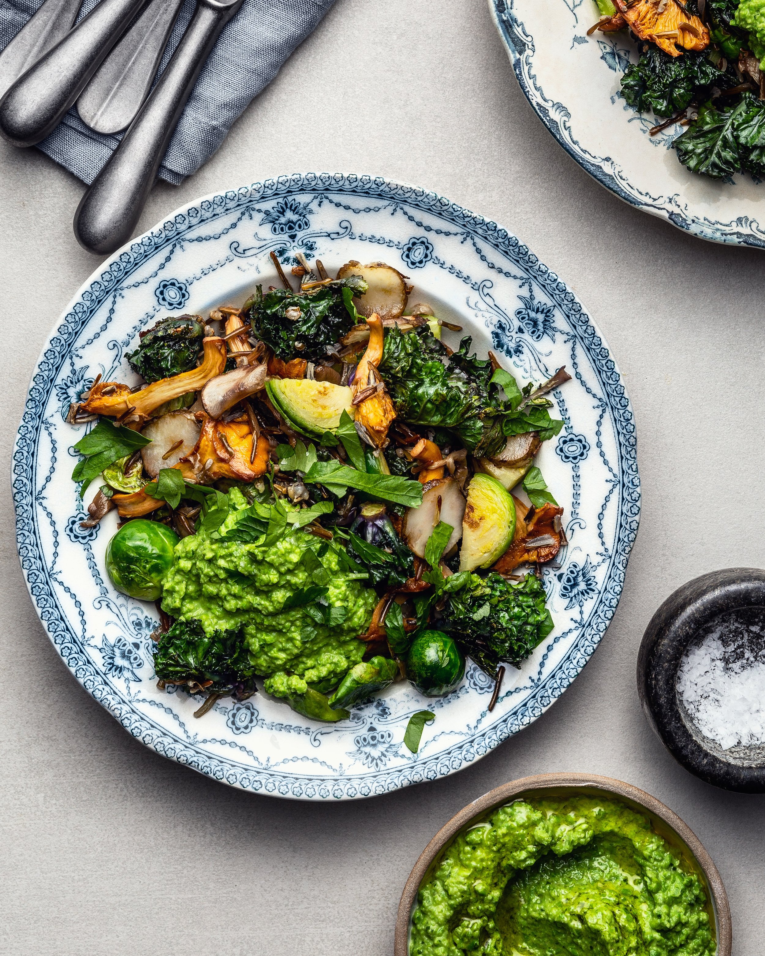 Winter stir fry with chanterelles, brassicas, Jerusalem artichokes and green pea and spinach dip