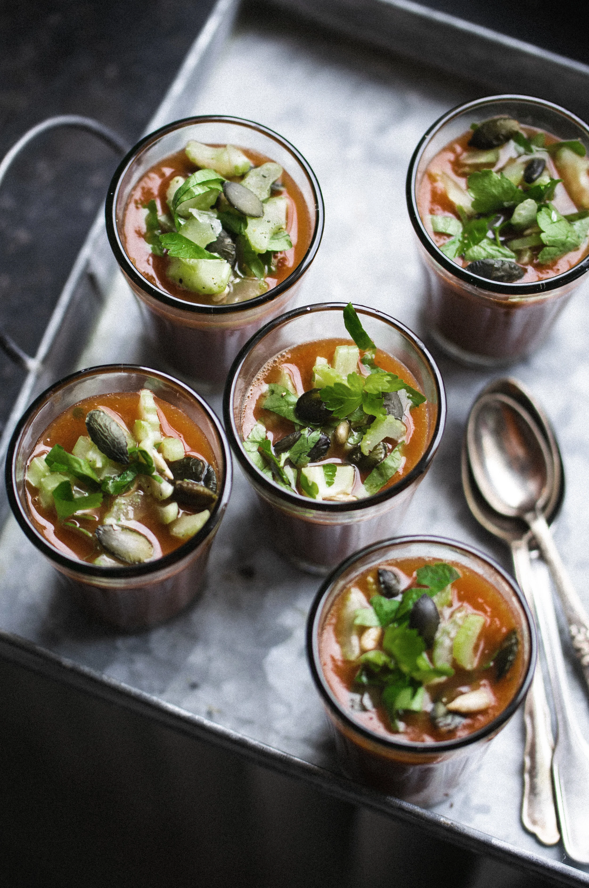 Gazpacho with celery, cucumber and crispy topping