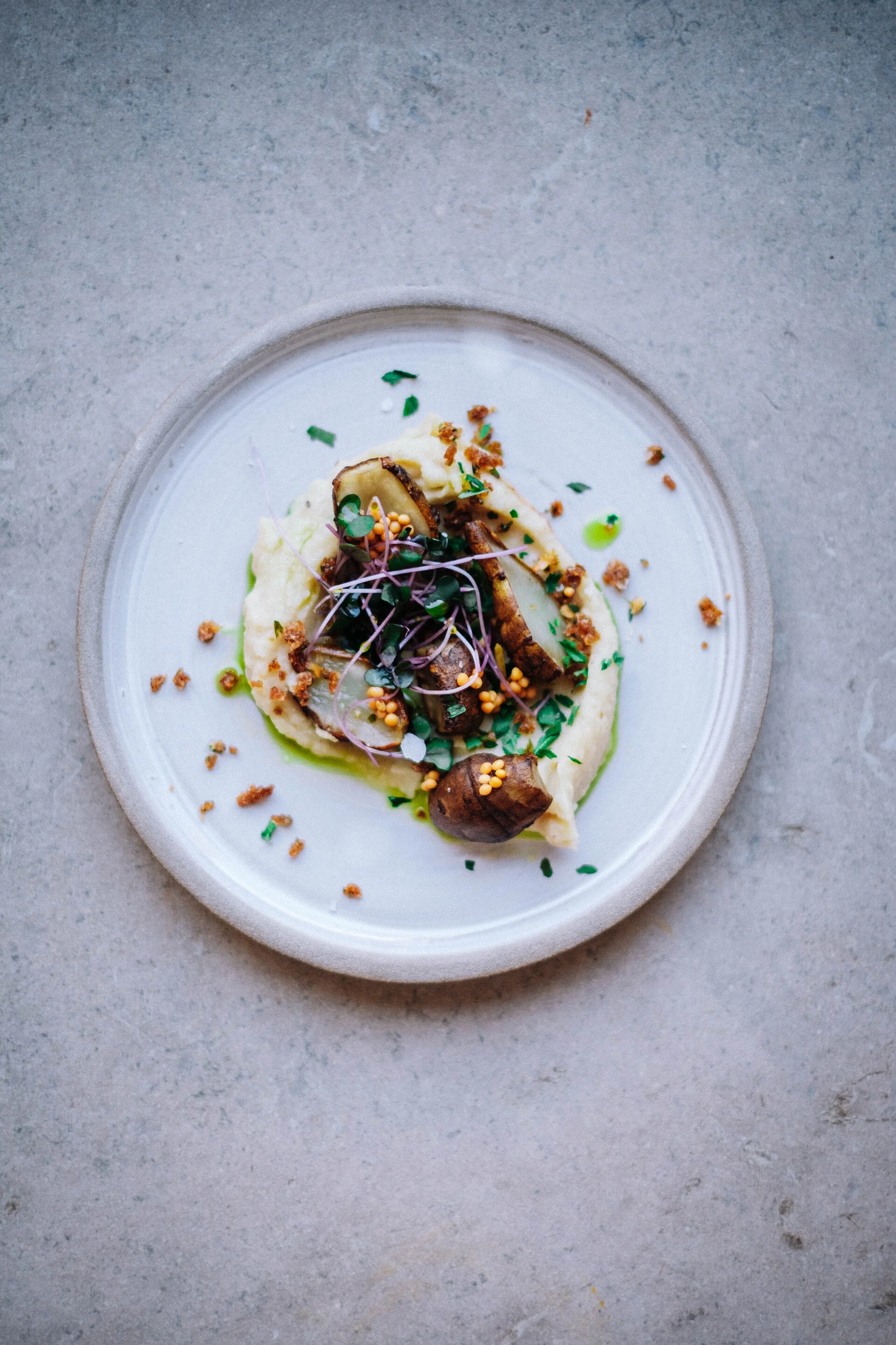 Jordärtskocka med bönpuré, rågsmul &amp; picklade senapsfrön