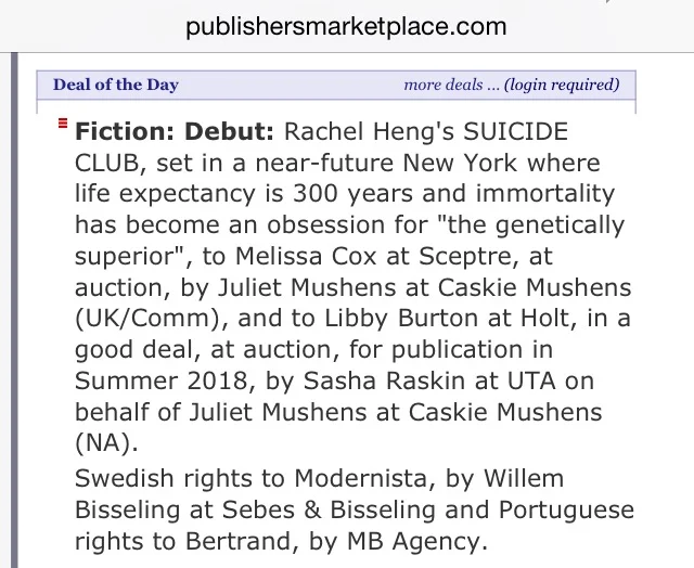 The deal was covered in The Bookseller, BookBrunch and was also Publishers' Marketplace's Deal of the Day!