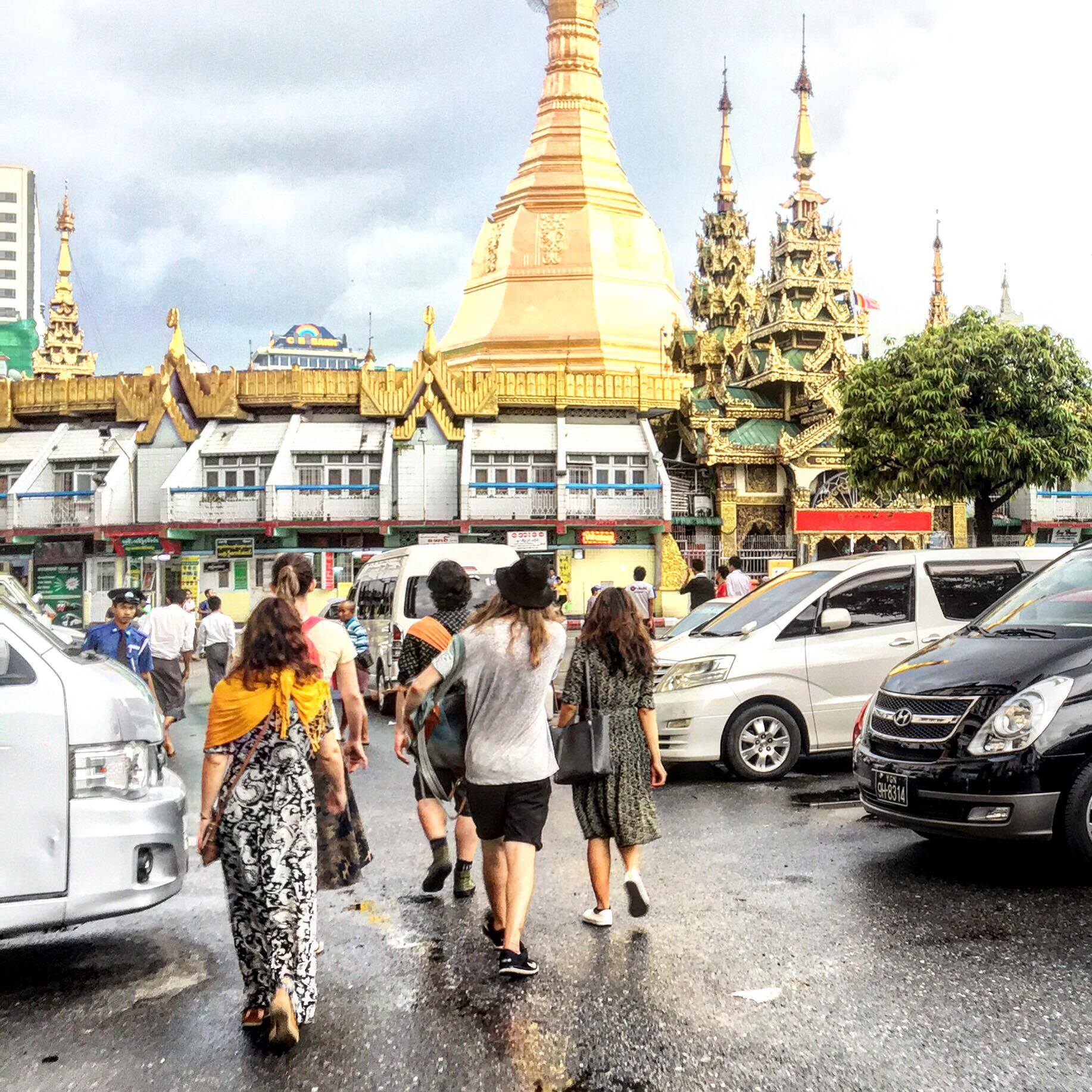 Approaching Sule Pagoda on the evening street food tour
