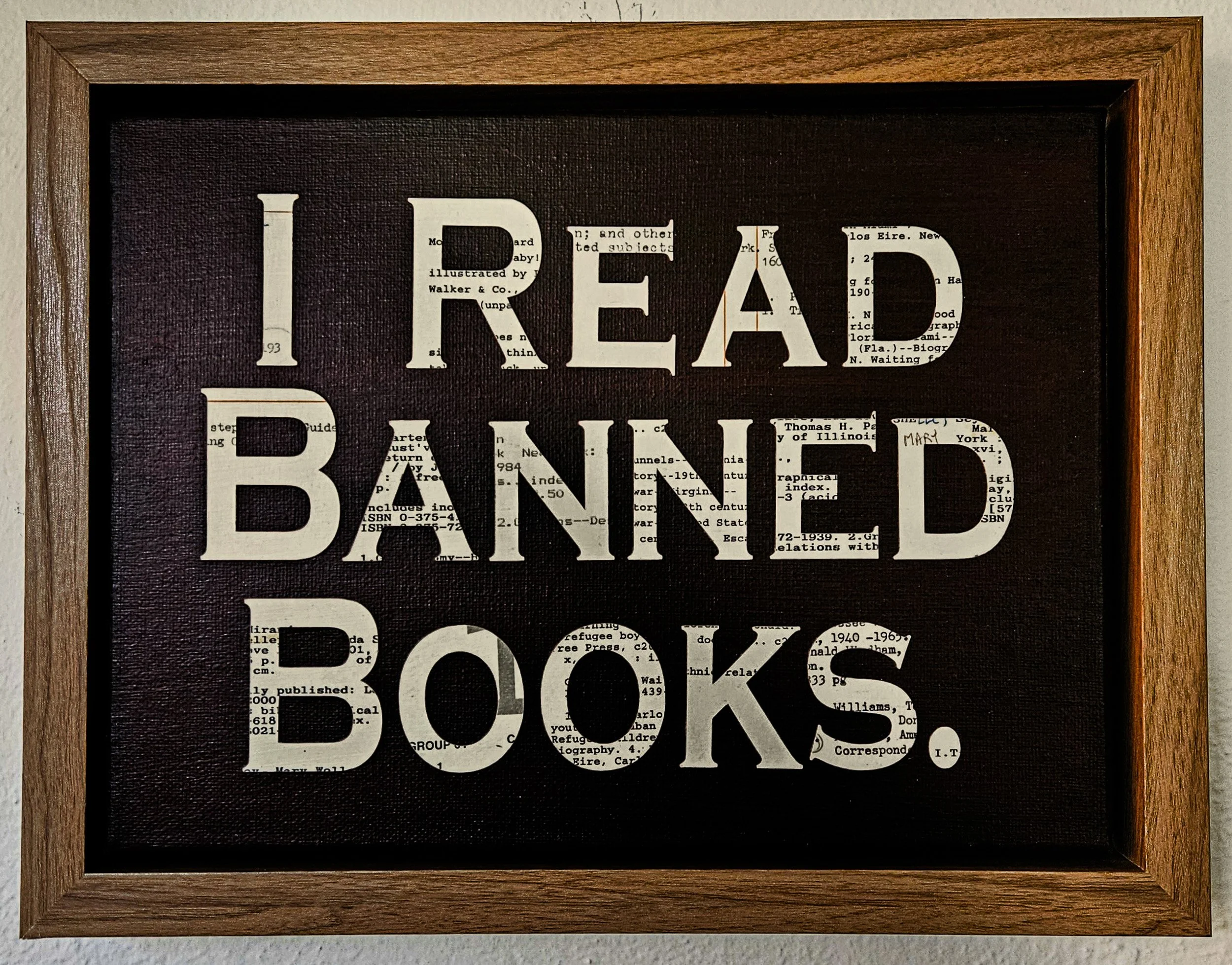 I Read Banned Books, cut library catalogs on canvas