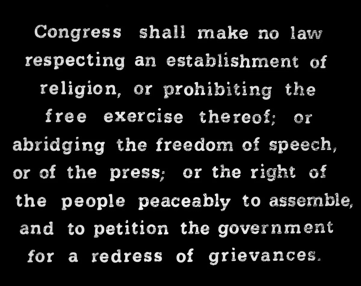 First Things First (Complete text of the First Amendment to the U.S. Constitution), cut  library catalog cards on canvas