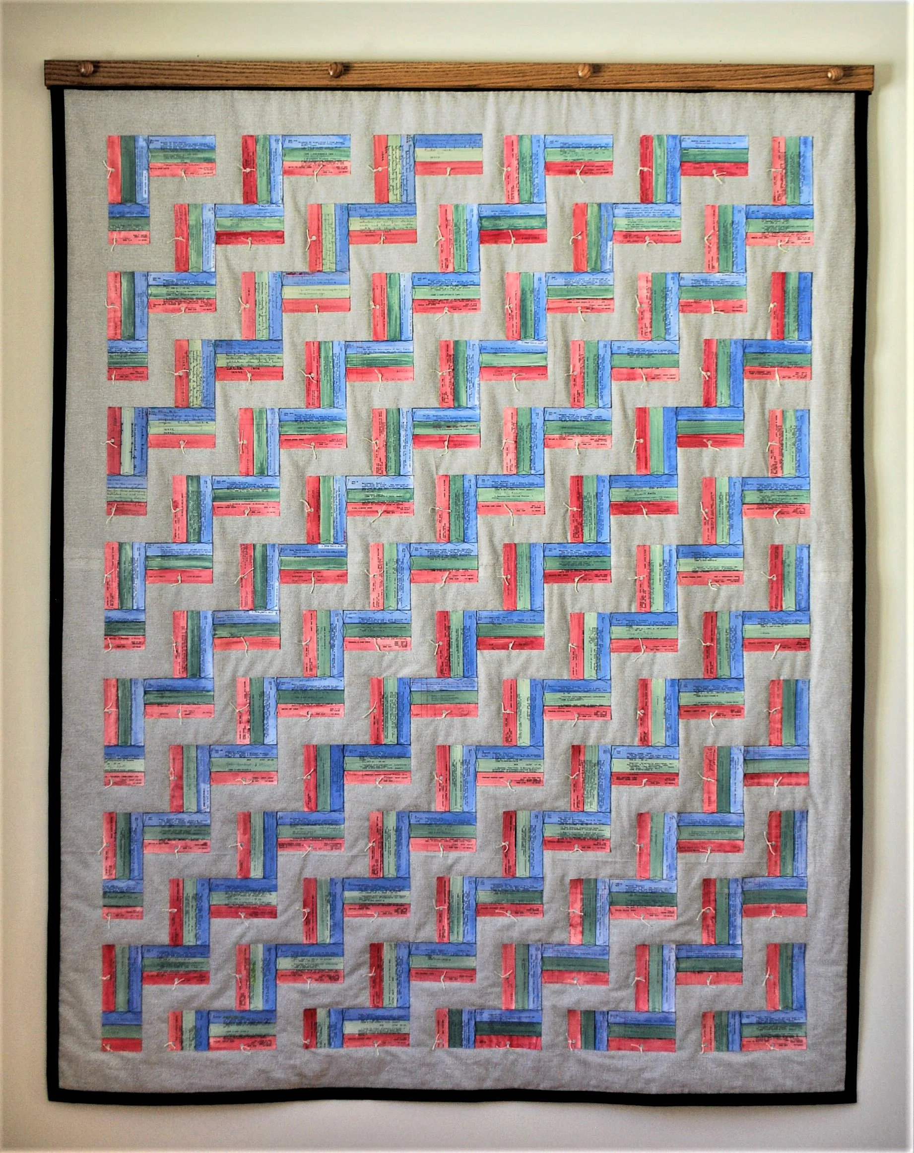 Quilt: Sampler Of Library Catalog Cards 1851- 2006, 75" x 60". Collection International Quilt Museum, Lincoln, Nebraska