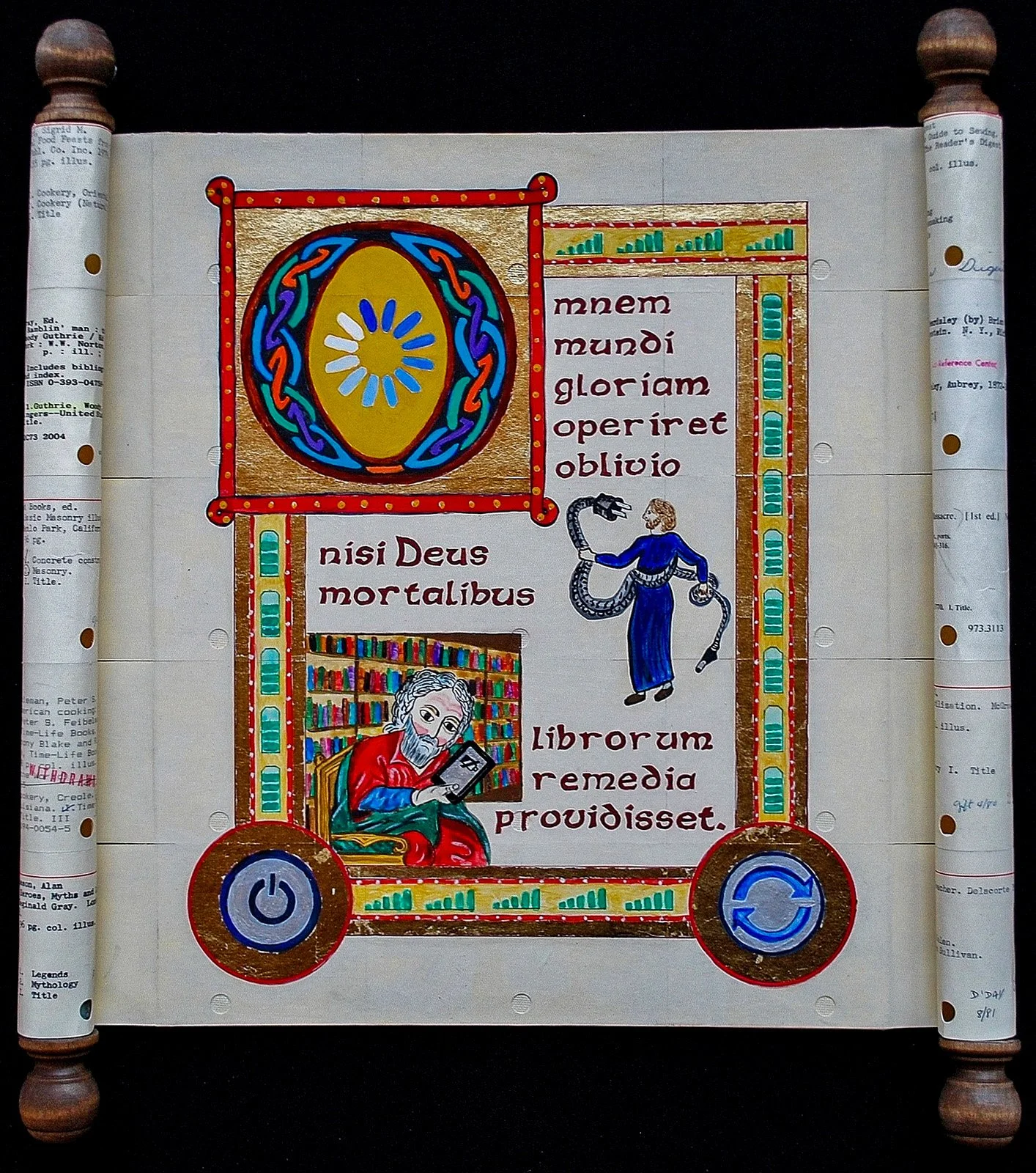 Palimpsest, Acrylic paint and gold leaf on scroll of library catalog cards