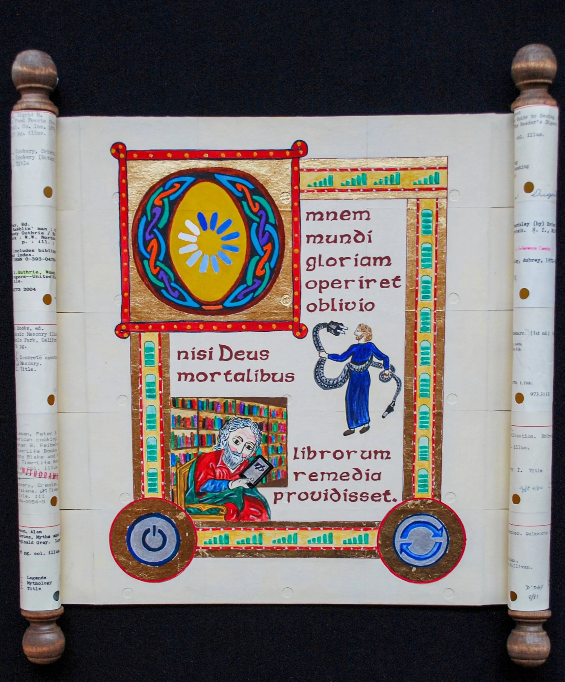 Palimpsest, Acrylic paint and gold leaf on scroll of library catalog cards