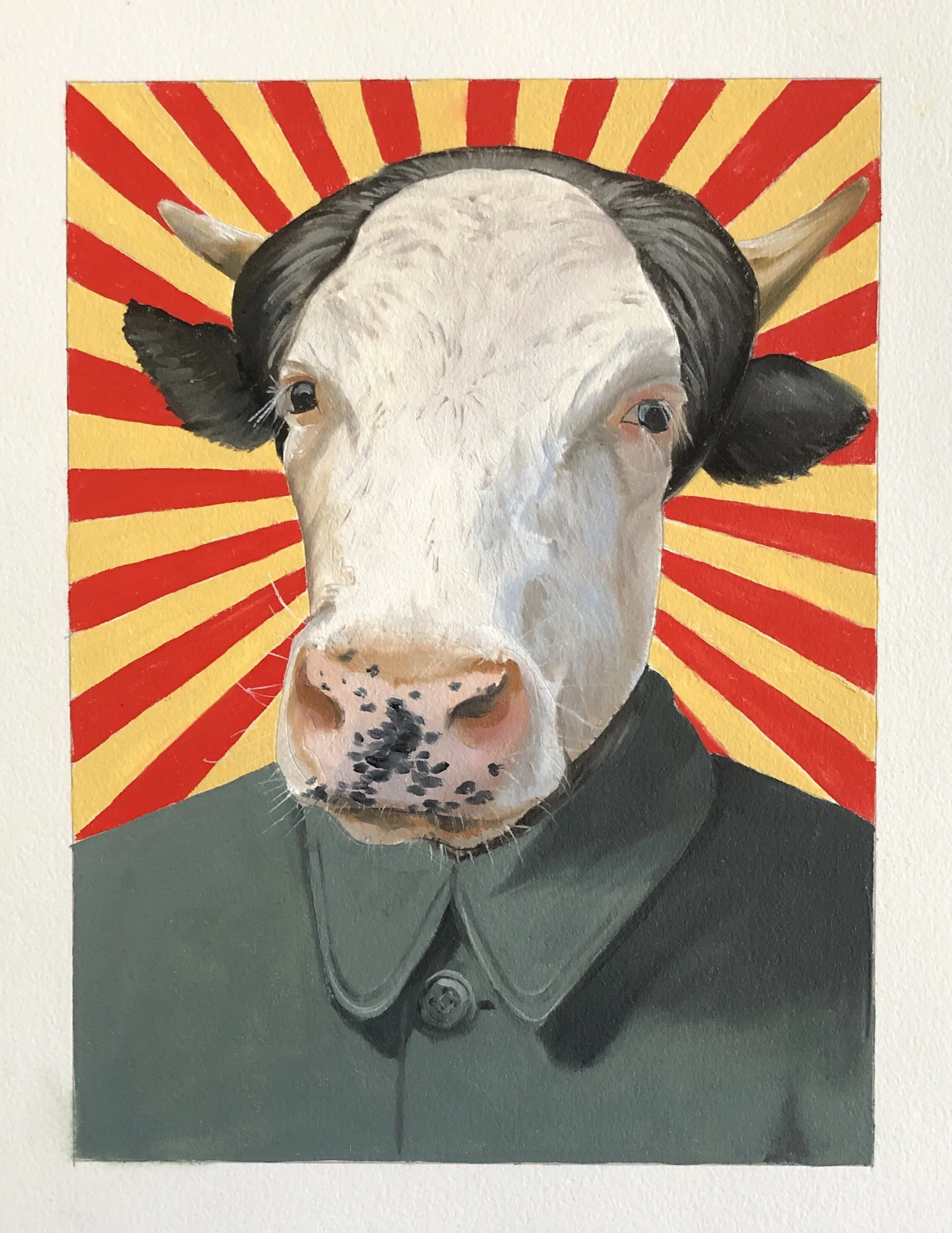 Chairman Cow Zedong, oil on Arches huile paper, 7.5" x 10.25" (Based on Maoist propaganda poster)