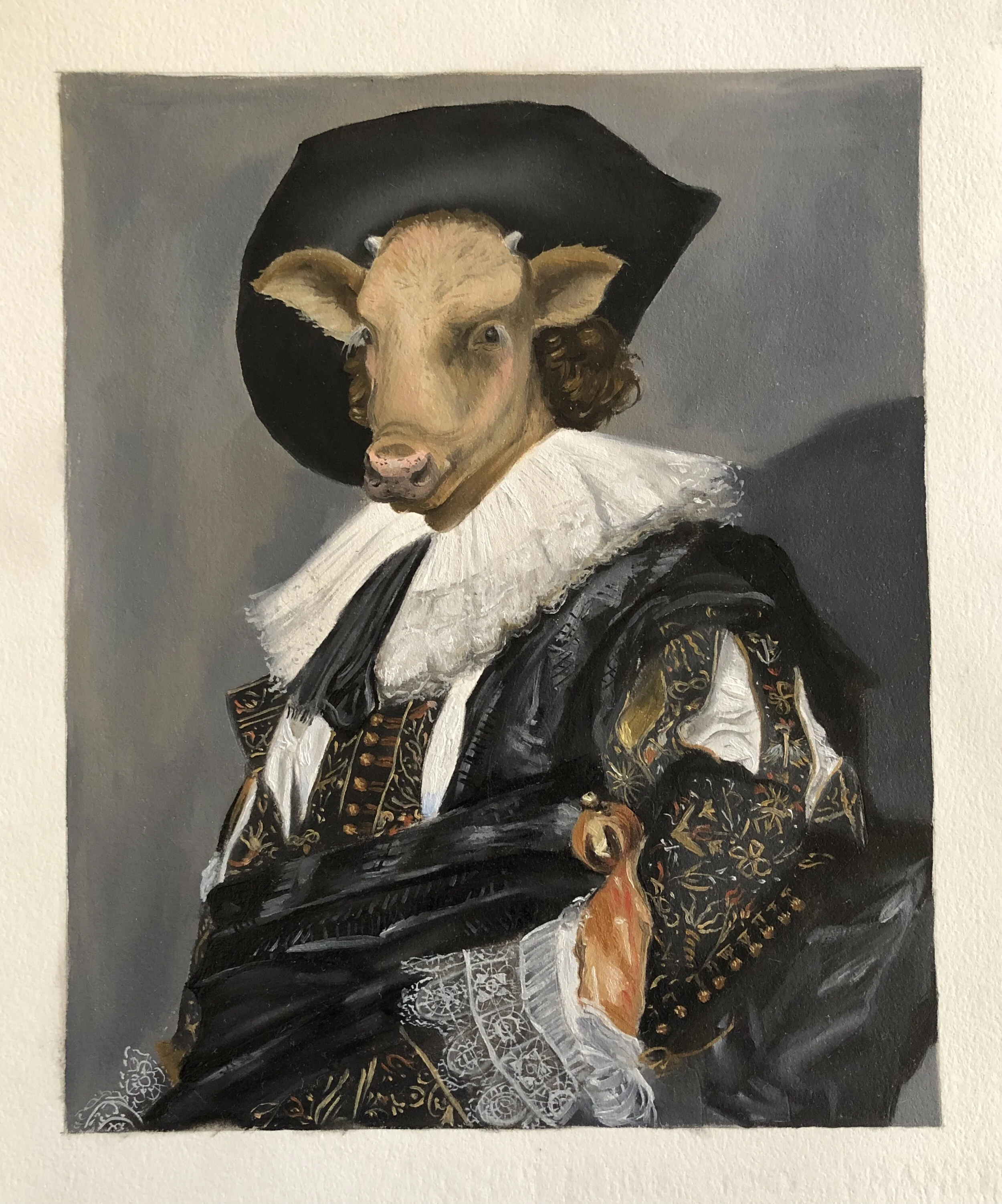 The Laughing Cowvalier (Based on Franz Hals' The Laughing Cavalier), oil on Arches huile paper, 8.25" x 10", Moo Hotel project, Private collection 