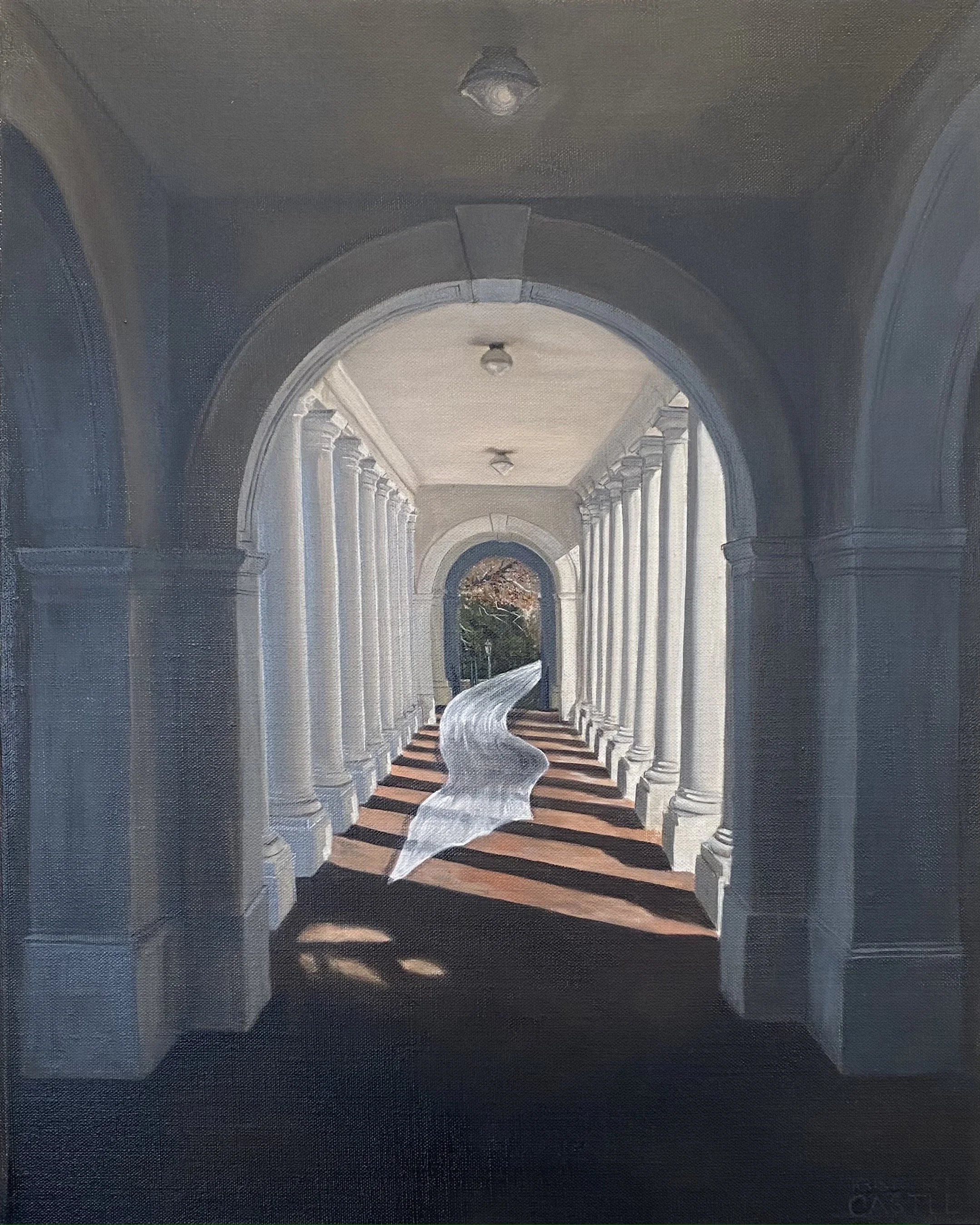    Initius    Commencement    Walnut oil on Belgian linen, 16 x 20 inches, Sold (private collection)   In this final quiet architectural painting of a colonnade beside the Rotunda, the same fabric from the first painting of Lambeth colonnade, is seen