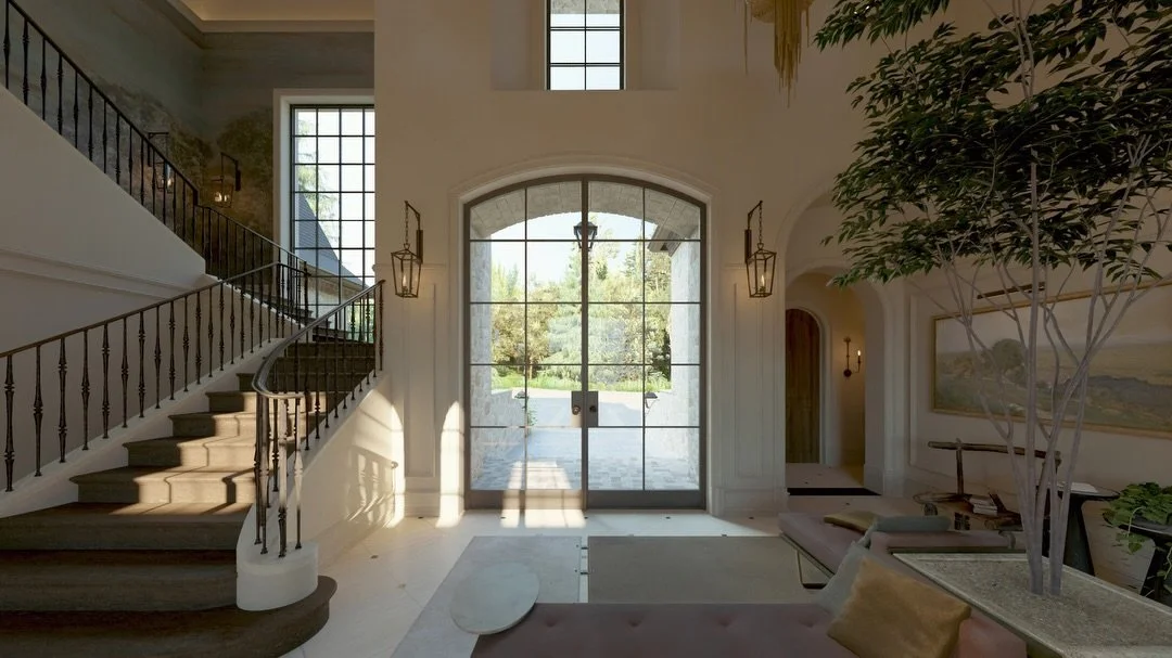 The entry at Bella Vista is quietly luxurious. We added a sculptural tree to bring the outdoors in. From the moment you step inside, the view extends seamlessly to the loggia, with the estate&rsquo;s private lake beyond, creating a natural dialogue b