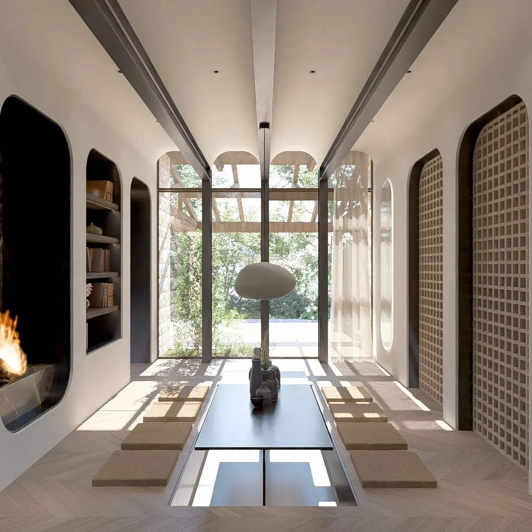 Every detail has been carefully resolved.

The table is integrated  into the floor.
The steel beams carry seamlessly into the window wall.
It feels effortless. 

Such a fun space to design. 

Welch Design Studio
Welch Design Studio Interiors