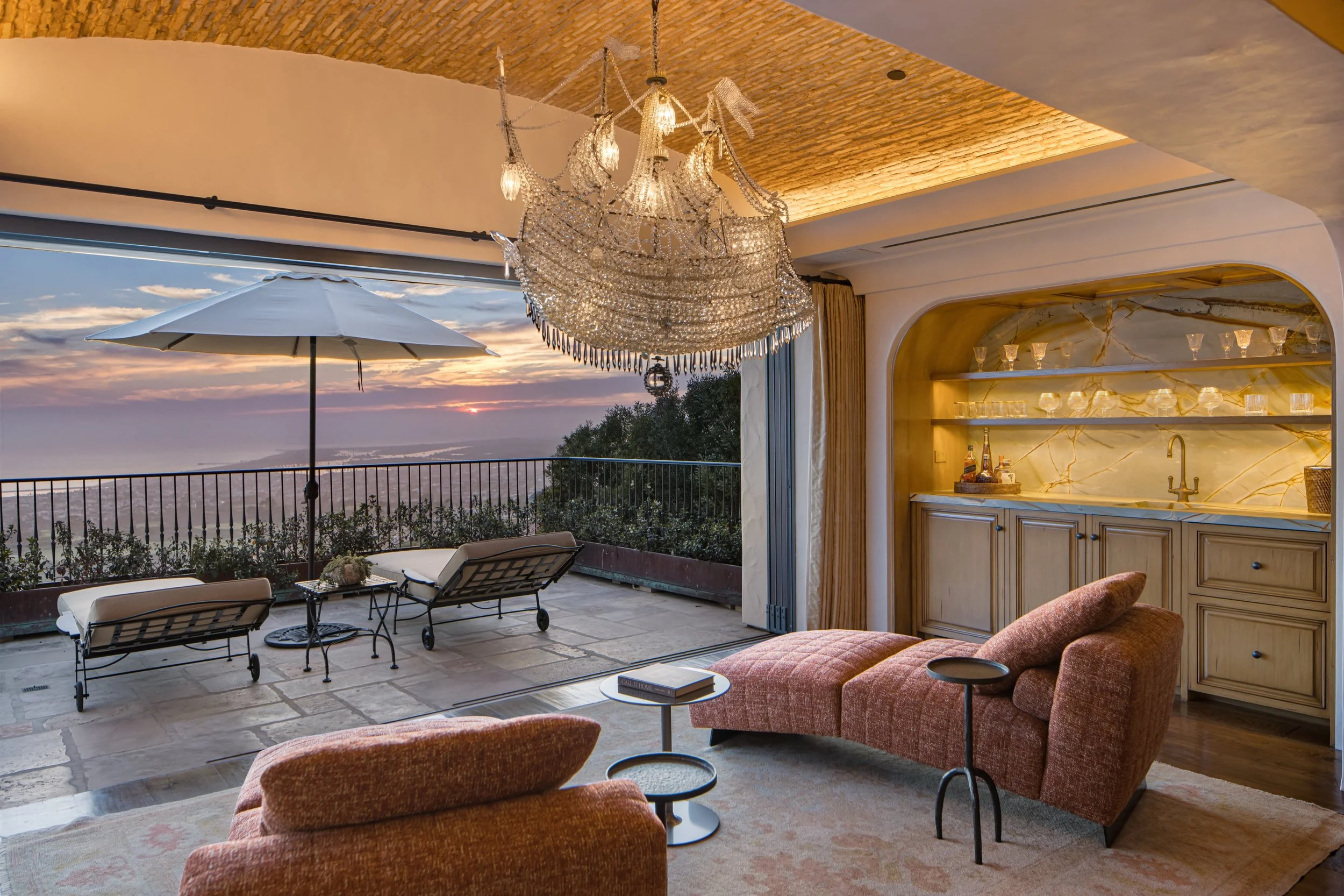 A gorgeous view from the main bedroom sitting area.

@welch_design_studio Architecture @welchinteriors Interior Design designed this space with so much intention. 

The custom built-ins create a quiet little bar and coffee station&hellip; something y