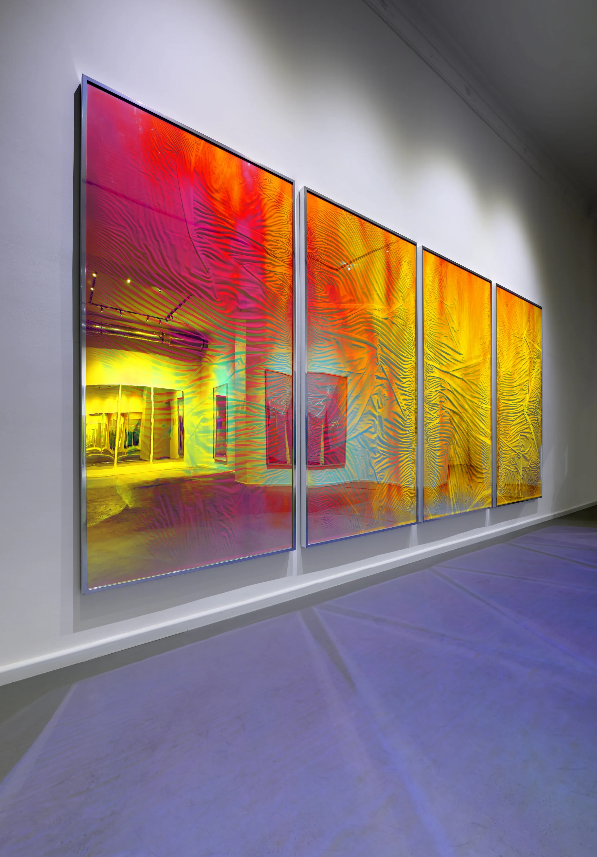 L’apparition / Part IV, V, VI, VII (Quadriptych),  2014 - Installation view Linen on wood beneath Radiant Plexiglas, aluminium frame structure 400 x 200 cm (157 x 79 in)