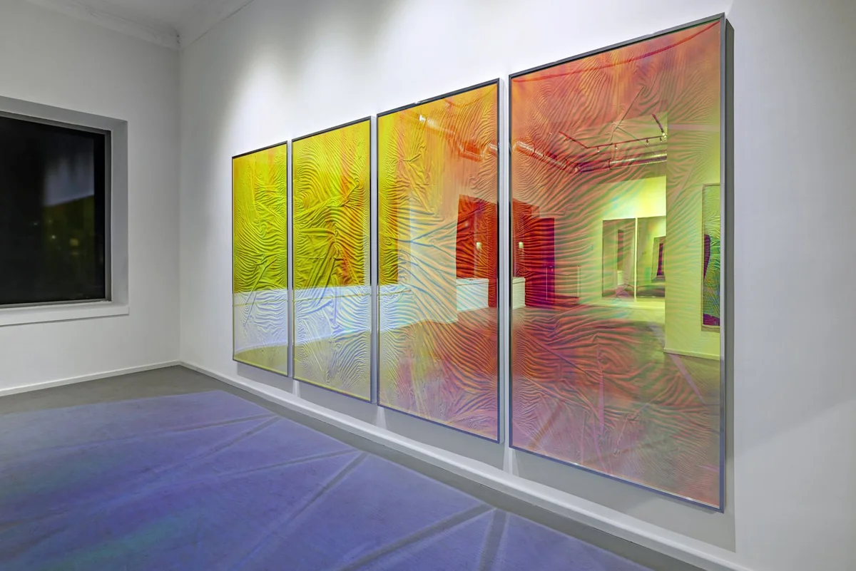 L’apparition / Part IV, V, VI, VII (Quadriptych),  2014 - Installation view Linen on wood beneath Radiant Plexiglas, aluminium frame structure 400 x 200 cm (157 x 79 in)