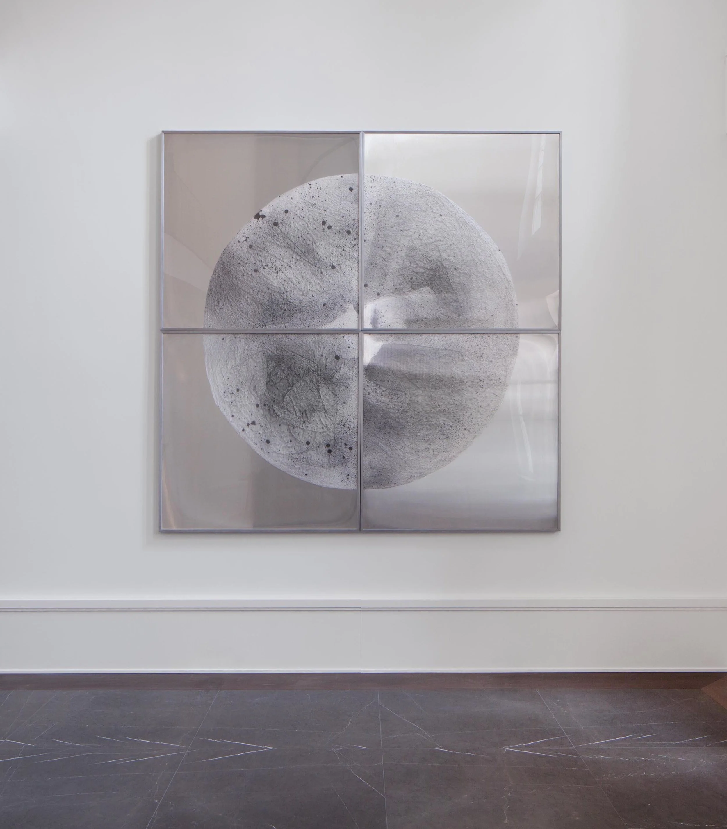   Verklärte Nacht (Transfigured Night) / Part IV (Quadriptych),  2018 - Installation view Ink on Xuan paper on mirror beneath linear Plexiglas, aluminium frame 244 x 244 cm (96 x 96 in) 