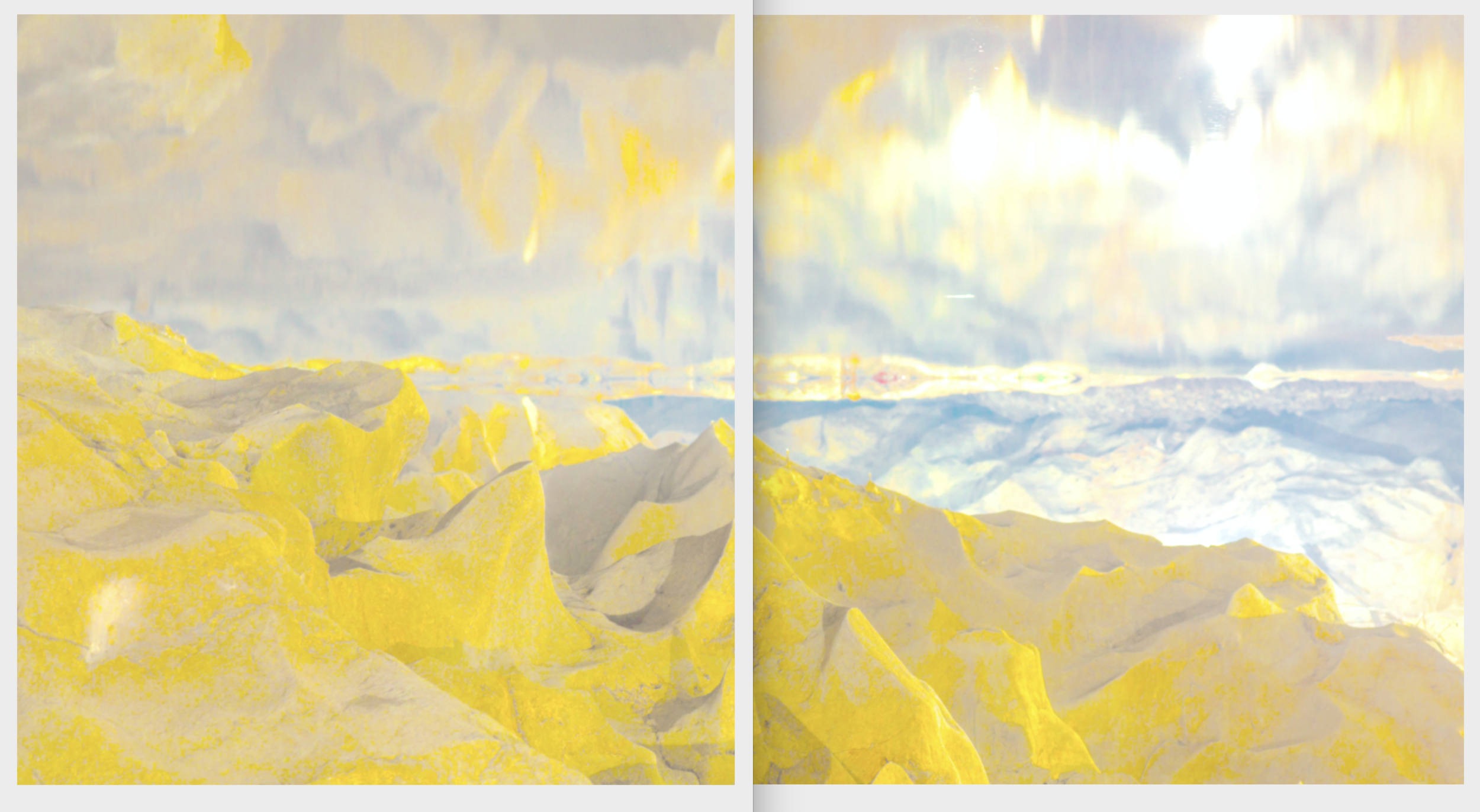 Beyond the Oecumene / Part II (Diptych), 2019 Aquarelle, wax pastels, UV-print on aluminium beneath marbled Plexiglas 300 x 160 cm (118 x 63 in)