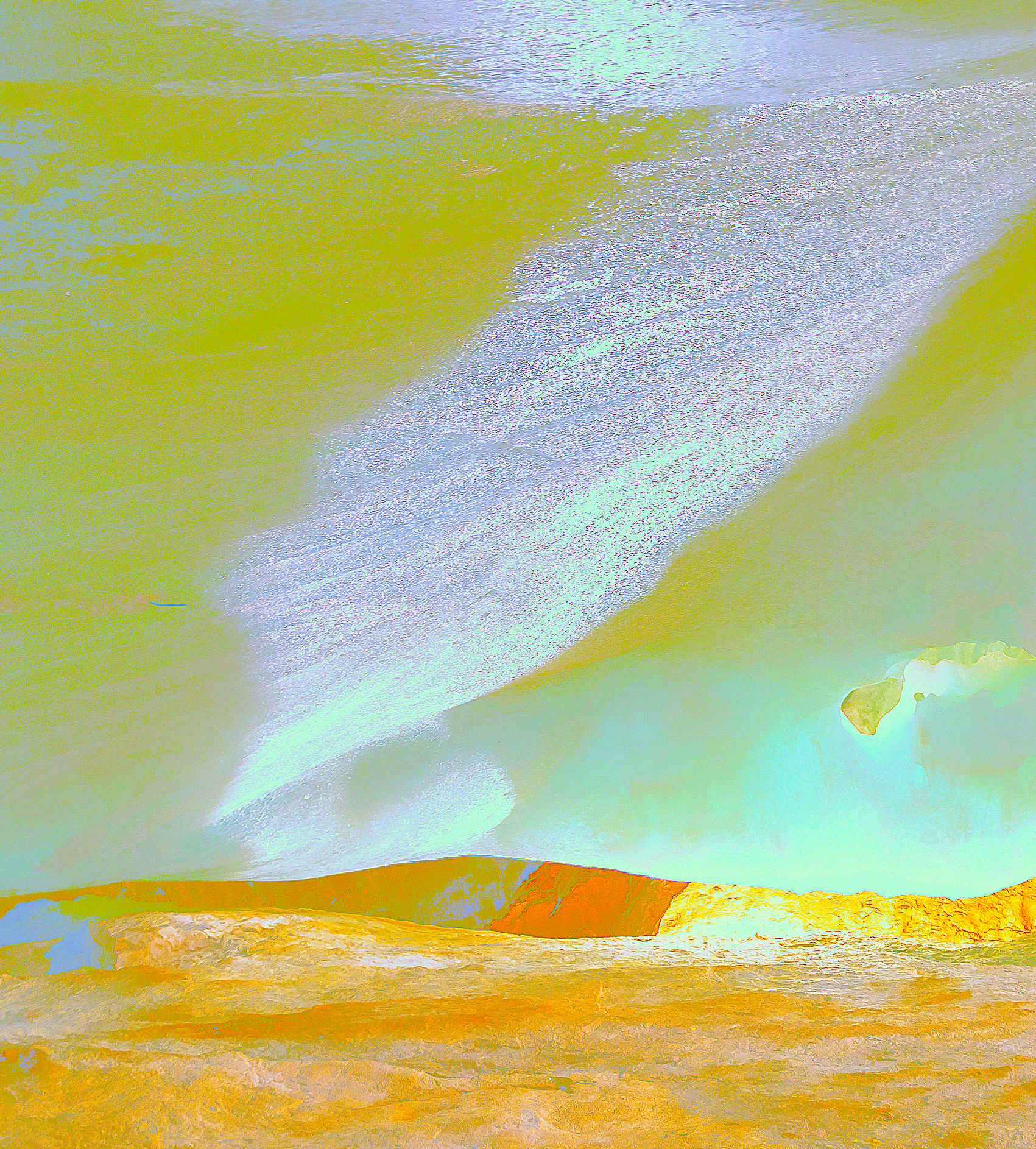 Beyond the Oecumene / Part VI, 2019 Aquarelle, wax pastels, UV-print on aluminium beneath linear Plexiglas 180 x 160 cm (71 x 63 in)