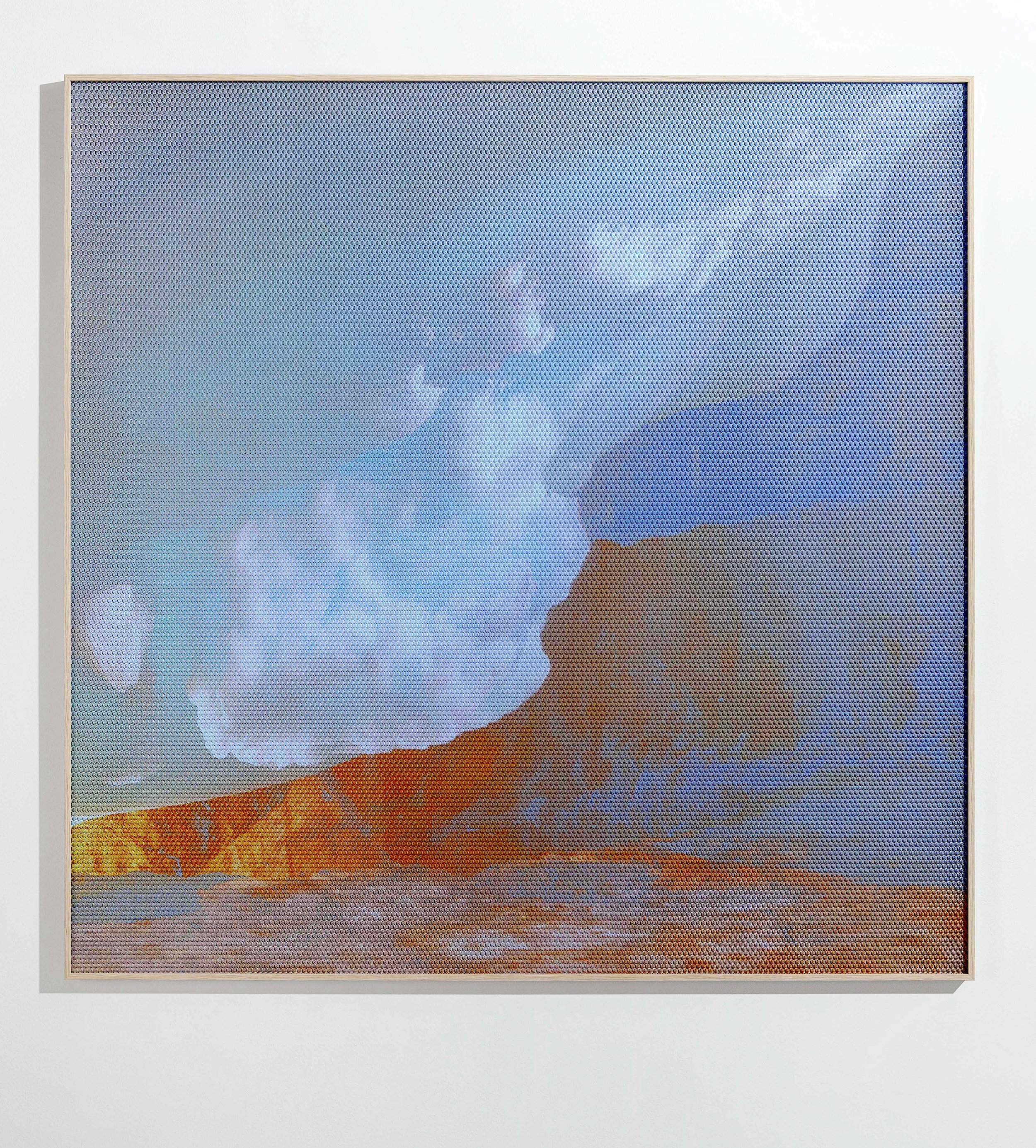 Beyond the Oecumene / Part VII, 2019 Aquarelle, wax pastels, UV-print on aluminium beneath polygonal Plexiglas 120 x 120 cm (47 x 47 in)