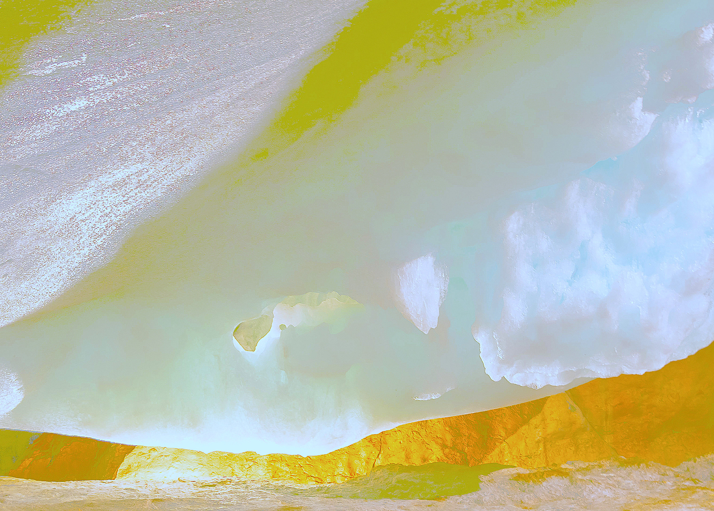 Beyond the Oecumene / Part IV, 2019 Aquarelle, wax pastels, UV-print on aluminium beneath linear Plexiglas 180 x 150 cm (71 x 59 in)
