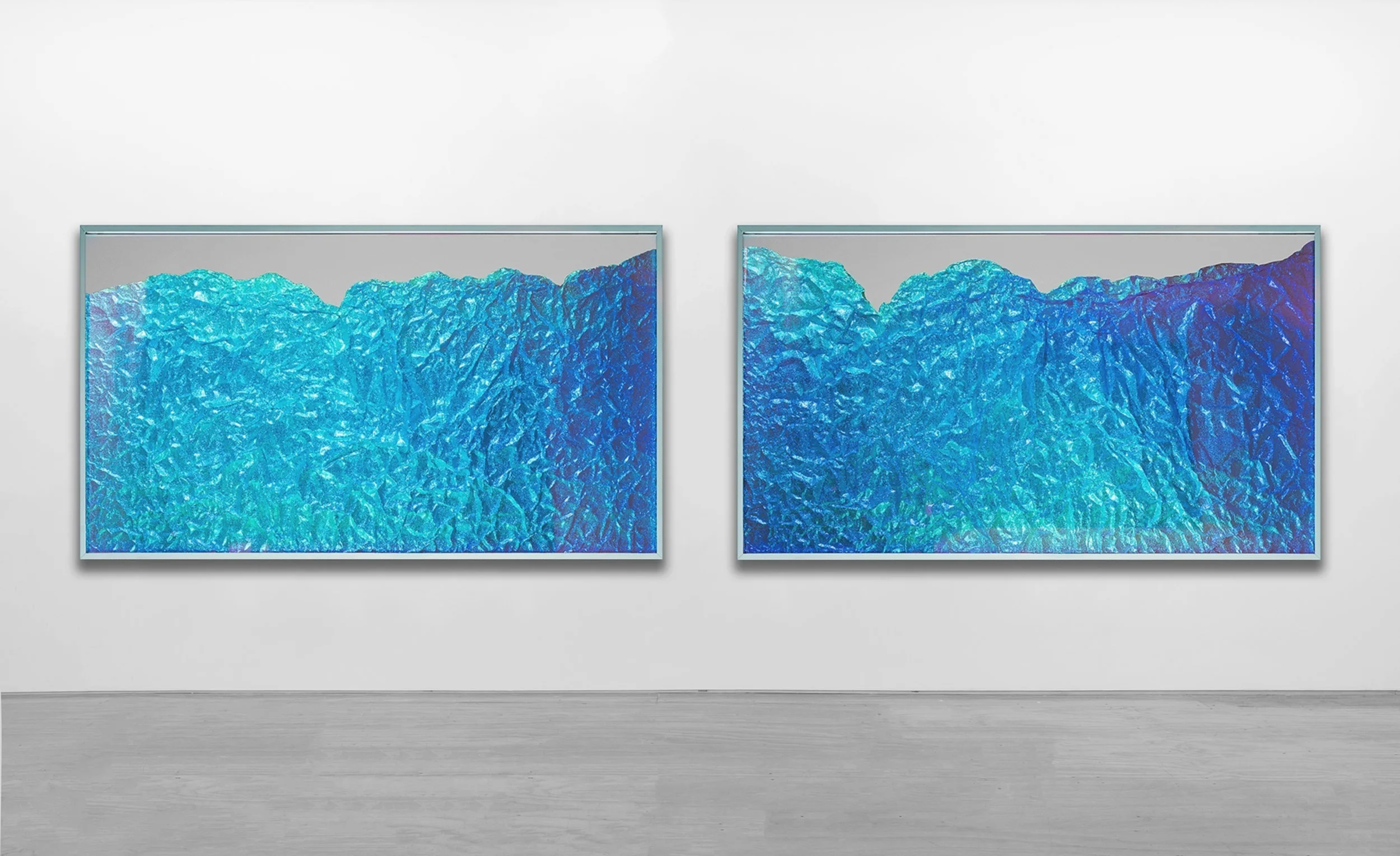 Strata Obscura Panorama / Part I, II, 2017 - Installation view Industrial aluminium on mirror beneath iridescent Plexiglas, aluminium frame structure 150 x 85 cm (59 x 33 in) each