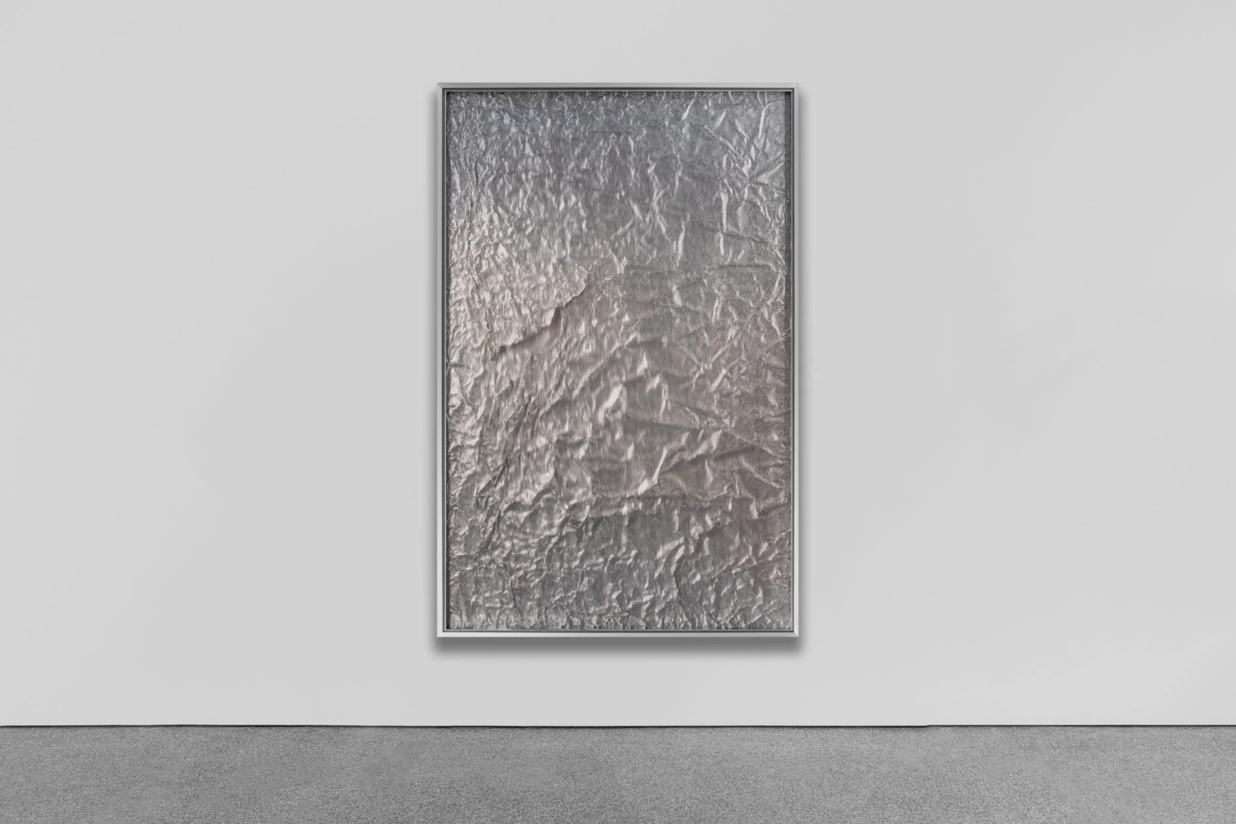 Tabula Rasa / Part VII , 2017  -  Installation view    Industrial aluminium beneath structured Plexiglas, aluminium frame 150 x 100 cm (59 x 39 in)