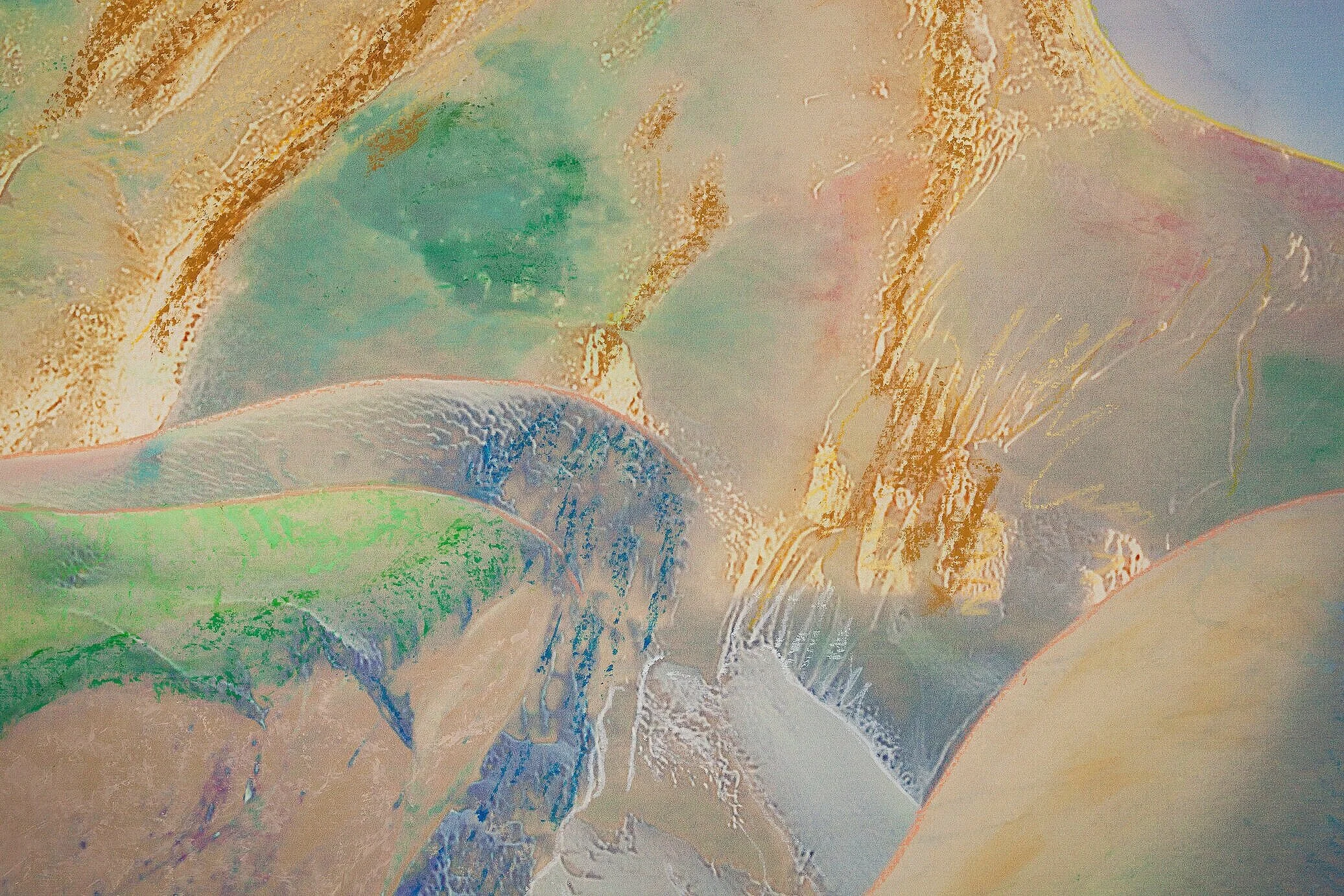 Beyond the Oecumene / Part XLI (Diptych),  2019 - Detail Wax pastels, UV ink on gold Alu-Dibond
