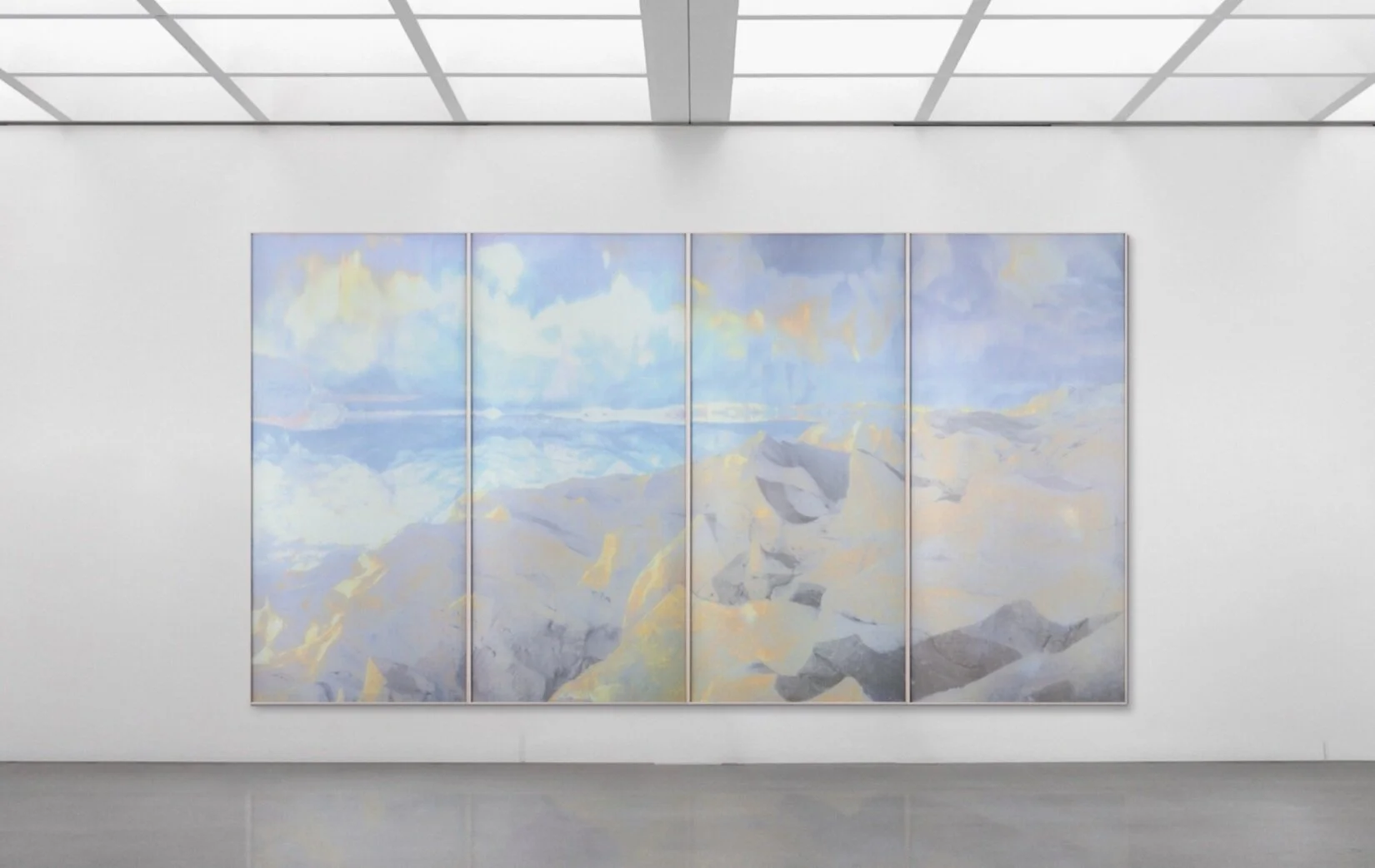 Beyond the Oecumene / Part I (Quadriptych),  2019 - Installation view Aquarelle, wax pastels, UV ink on aluminium beneath marbled Plexiglas 360 x 200 cm (142 x 79 in)