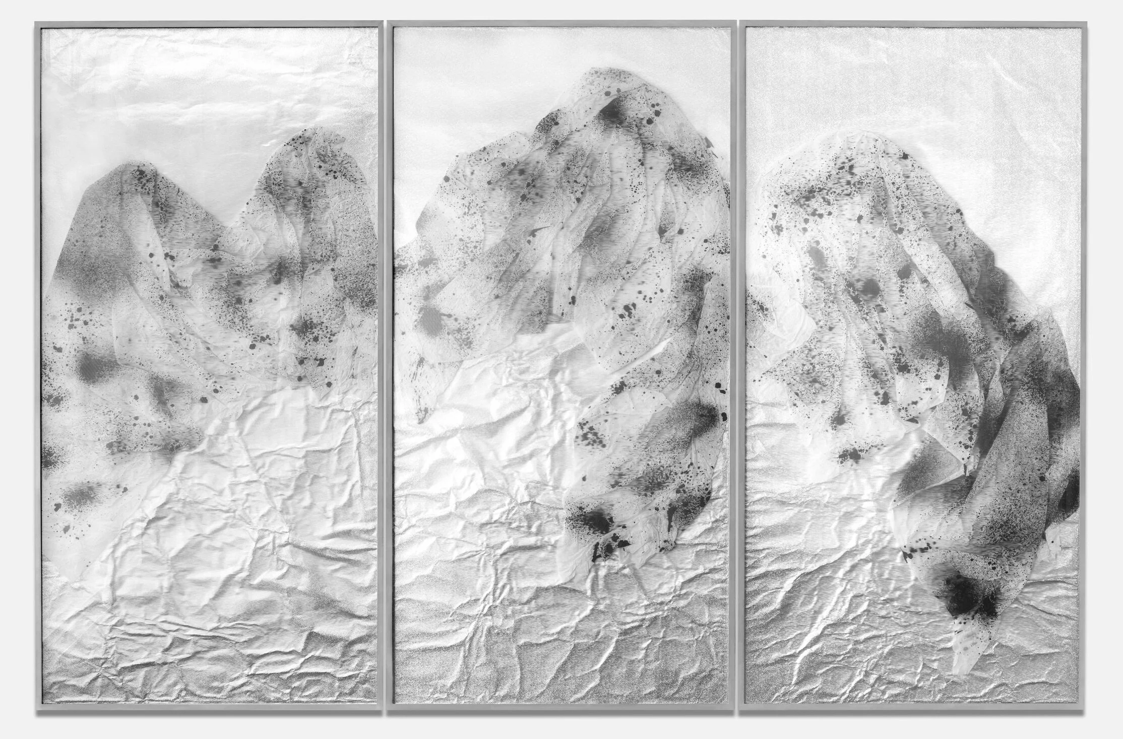 Requiem for the Present Eternal / Part II (Triptych),  2017 Calligraphy ink on Xuan paper mounted on aluminium, beneath linear Plexiglas 200 x 300 cm (79 x 118 in)