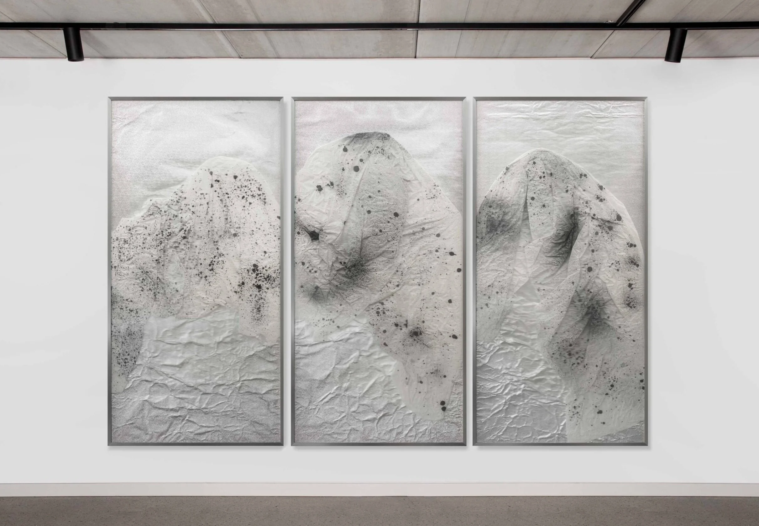 Requiem for the Present Eternal / Part III (Triptych),  2020 Calligraphy ink on Xuan paper mounted on aluminium, beneath linear Plexiglas 200 x 300 cm (79 x 118 in)
