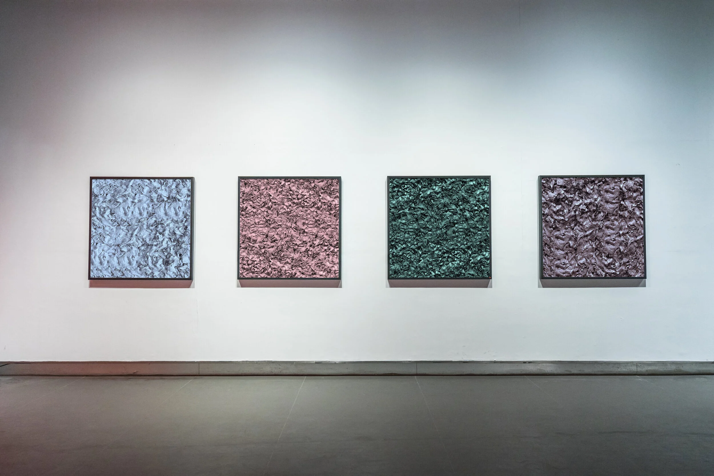 On Physical Lines of Force / Part XIII, XV, XVI, XVIII,  2018 - Installation view (Edition of 8 + 1 AP, framed, signed and numbered) Graphite, wax pastels, inkjet ink on 310 g/m Hahnemühle 85 x 85 cm (35 x 35 in) each