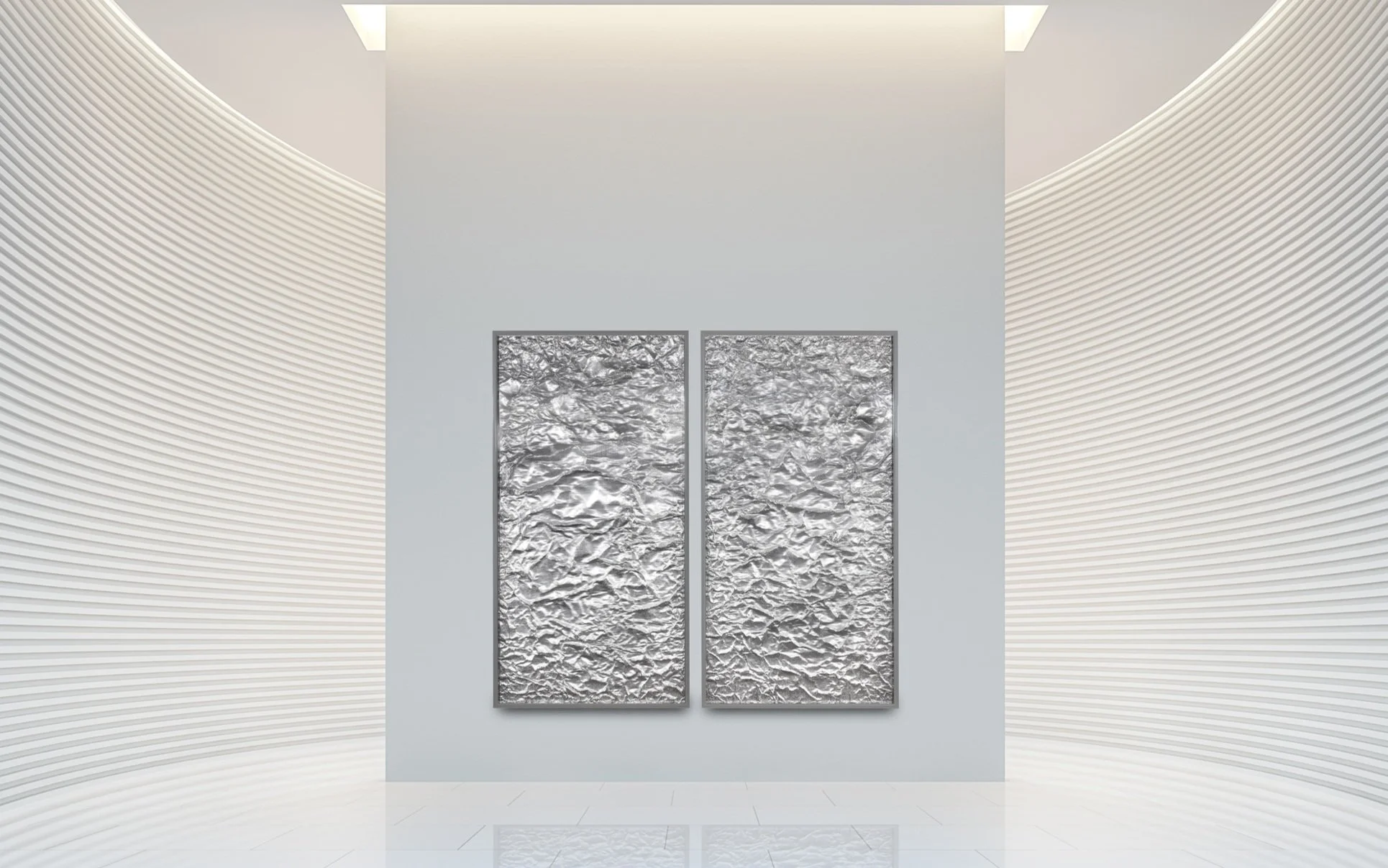 Tabula Rasa / Part X, XI (Diptych),  2018 - Installation view Industrial aluminium beneath structured Plexiglas, aluminium frame 165 x 90 cm (65 x 35 in) each