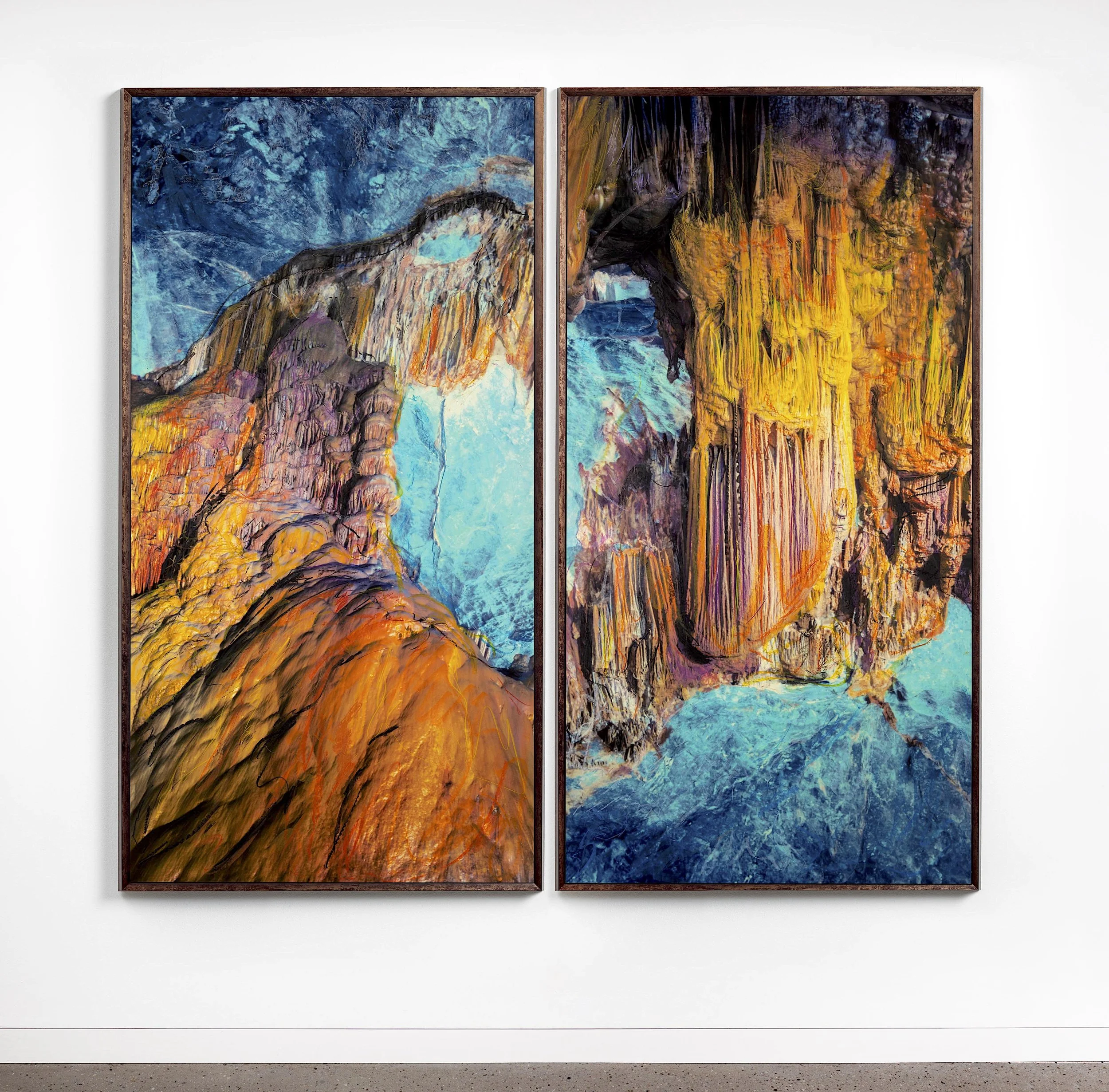   Atlas Obscura (The Idaean Cave) / Part XIX (Diptych),  2023 - Installation view Oil and wax pastels, UV ink on aluminium 204 x 104 cm (80 x 41 in) each panel 