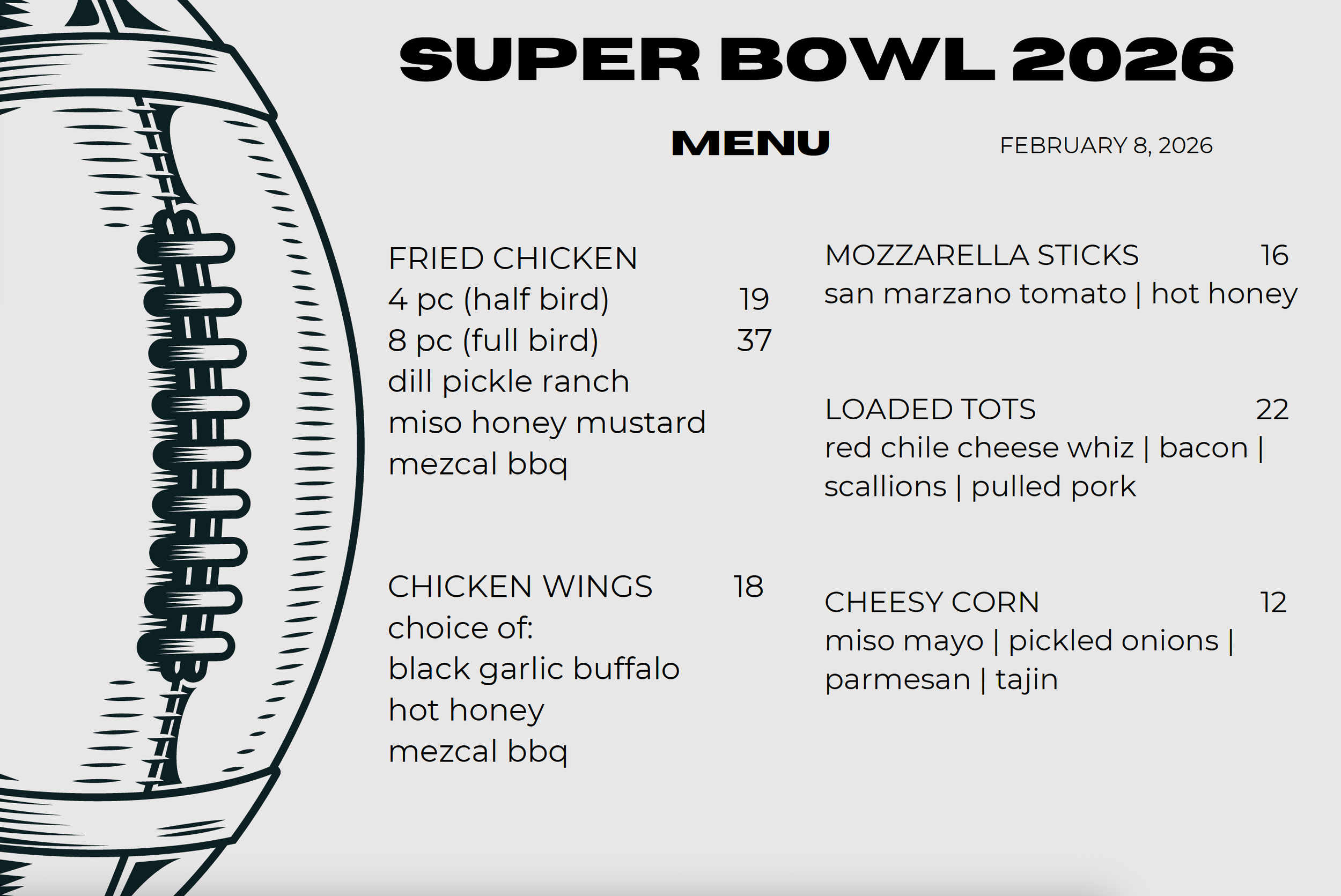 super bowl menu 2026